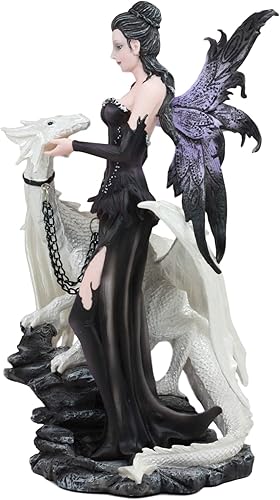 Ebros - Estatua gótica de hada Khaleesi con dragón blanco ártico, 9.5 pulgadas de alto, decorativa, fantasía mítica, figura de la dama del lago