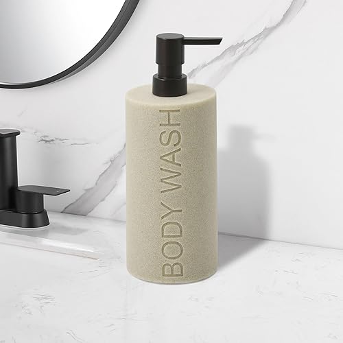 Miniatura 5 de Dispensador de bomba recargable de botella grabada de piedra arenisca bronceada de resina, construcción de resina duradera e impermeable para baño,