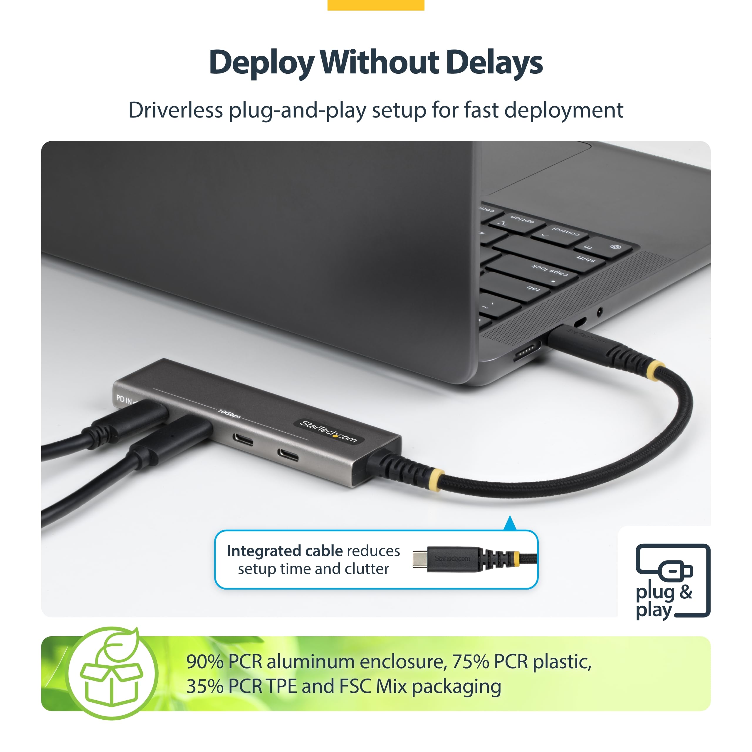 StarTech Hub USB-C 4 Ports 10Gbps, Recharge PD 100W (309B-USBC-HUB) | Station d'accueil, dock, Aluminium PCR, MacBook, Dell, iPad