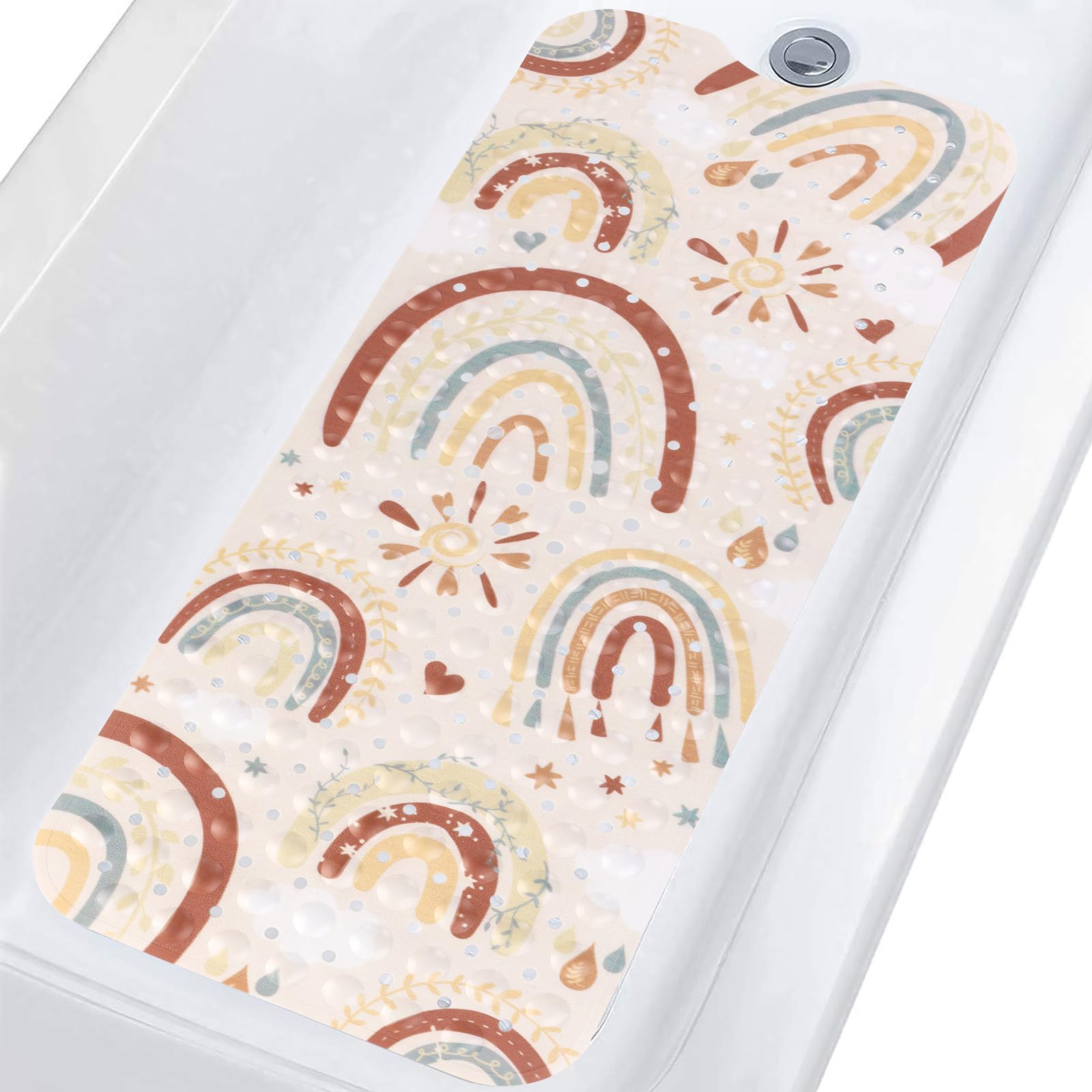 Topotdor Baby-Badewannenmatte, rutschfest, für Kinder, 101,6 x 40,6 cm, niedliches Cartoon-Design, rutschfeste Badematte mit Saugnäpfen und Abflusslöchern, Boho-Regenbogen