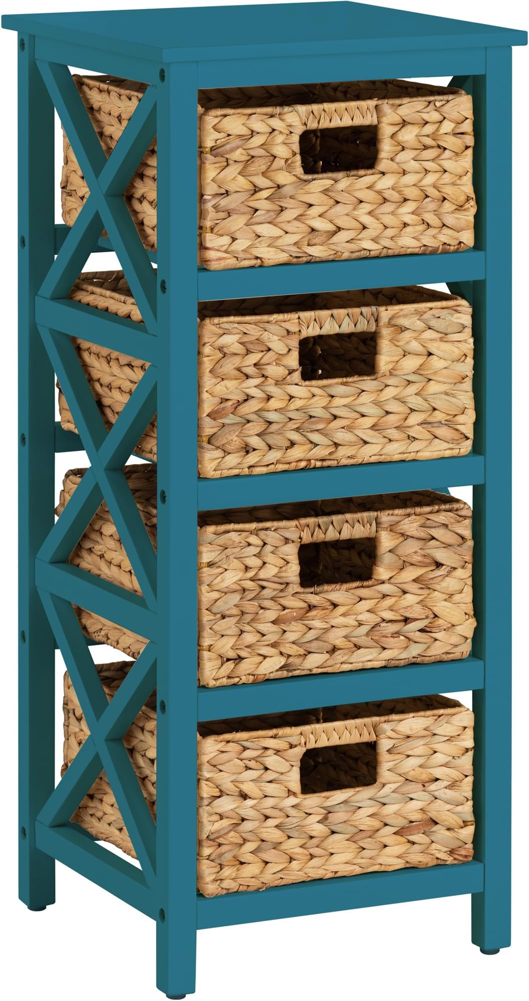 eHemco 4 Tier X-Side End Storage Cabinet with 4 Wicker Baskets, Teal