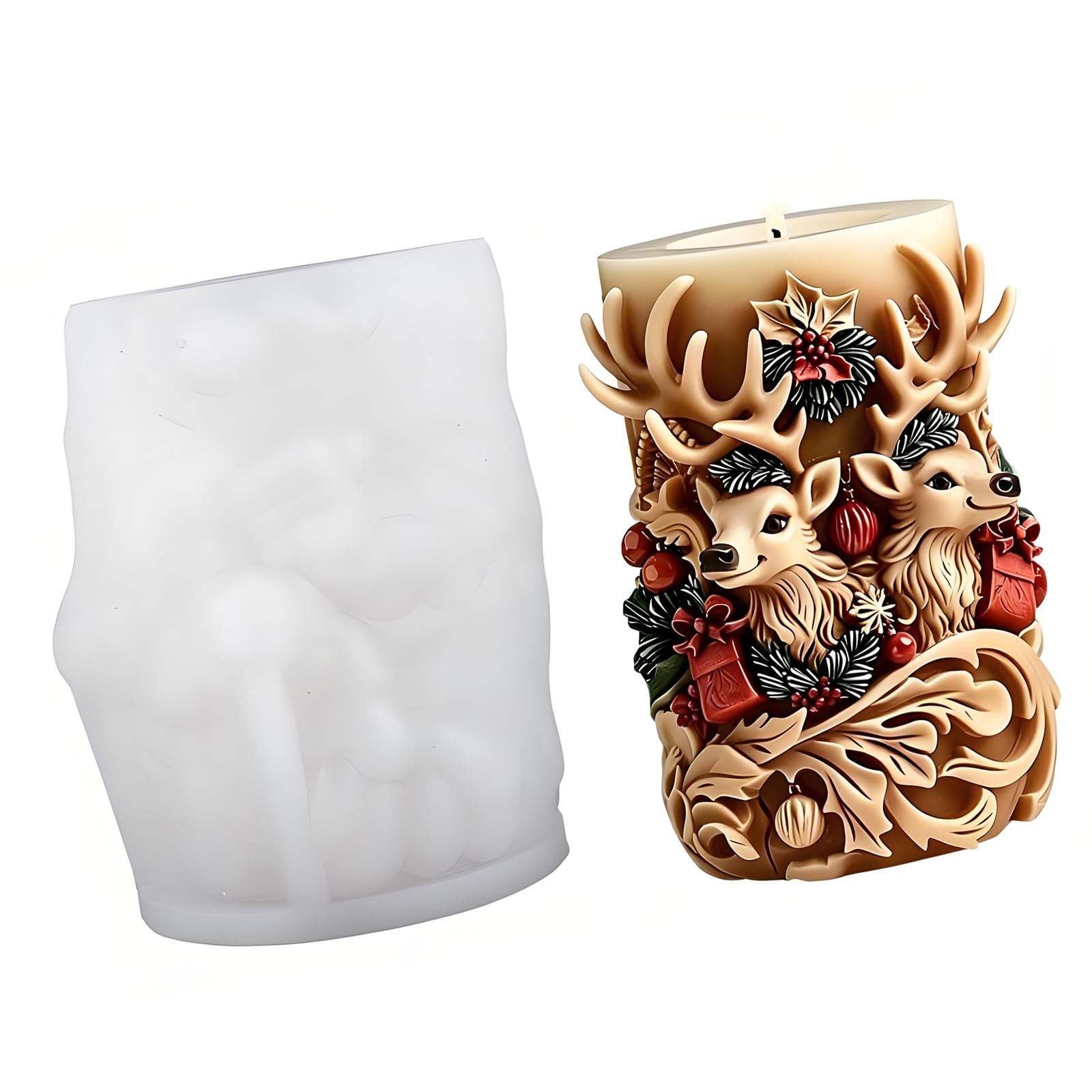 Pangboer Multicolor Christmas Mold Silicone Reindeer Relief Cylinder For Wax Pouring, Holiday Decor, Home Handcraft Projects, 8.7 X 10.4 Cm Reindeer Mold Silicone Wax Form Embossed Cylinder Holiday