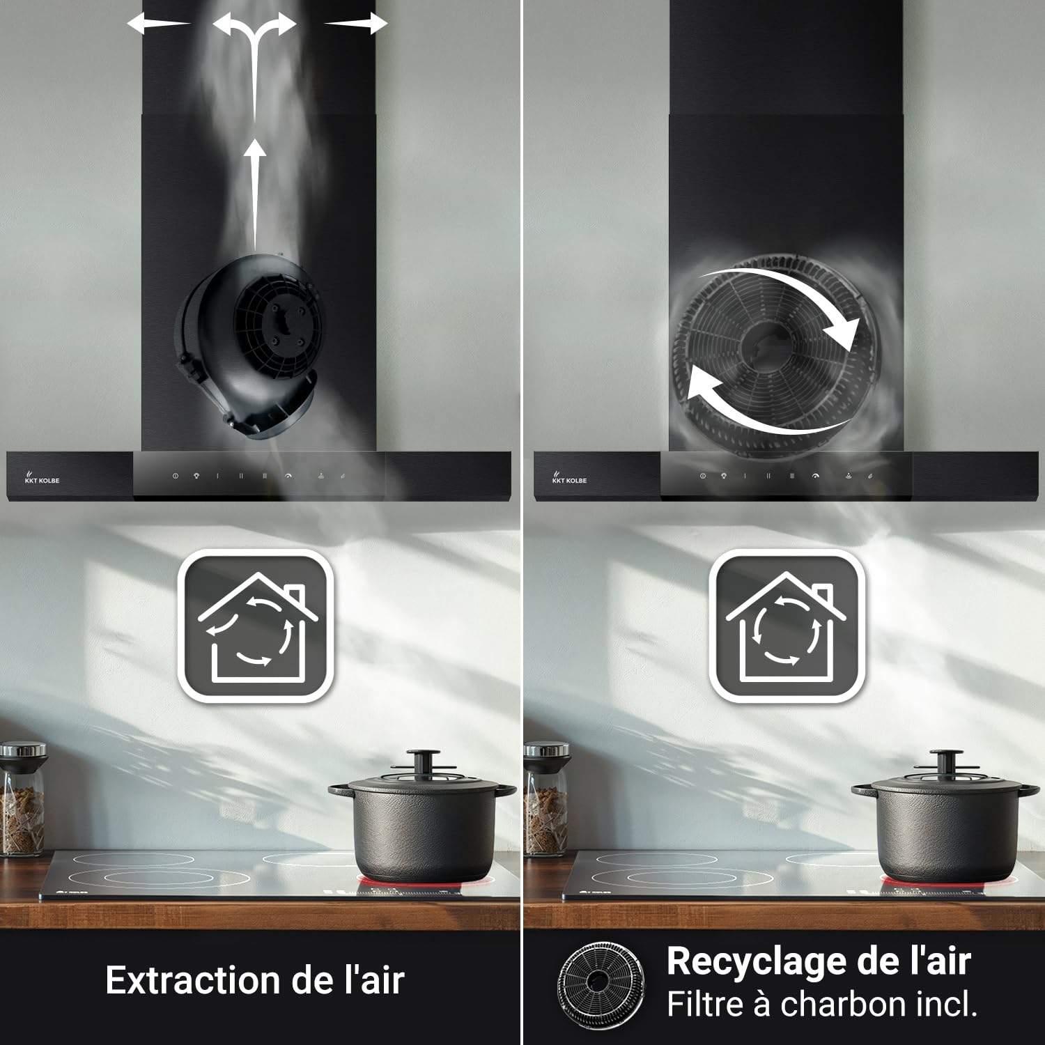 KKT KOLBE Hotte murale 90 cm A+++ | 754 m³/h recyclage ou évacuation | mode automatique | noir verre | arrêt différé | éclairage LED bi-couleur | commande tactile | SHAPE9005S