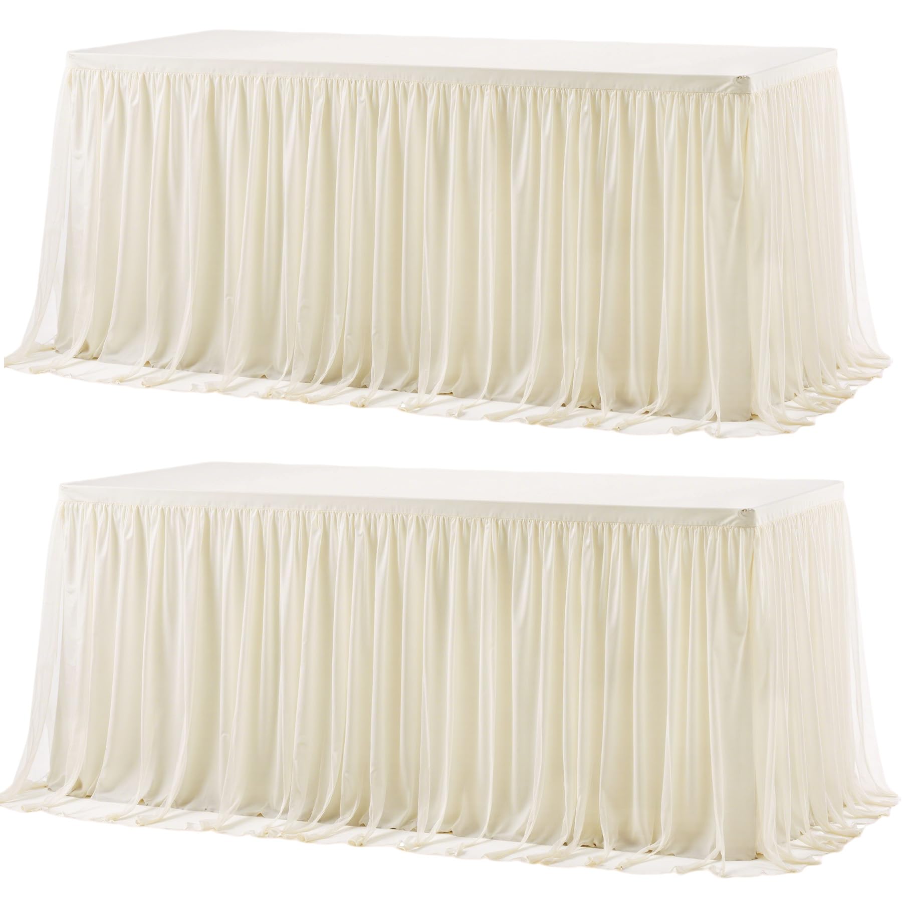 Photo 1 of 2 Pack 8ft Ivory Tulle Tablecloths for Rectangle Tables, 8 Foot Ivory Rectangular Table Cloth Wrinkle Free Tablecover with Tutu Skirt for Wedding Baby Shower Birthday Party Banquet Buffet Cake