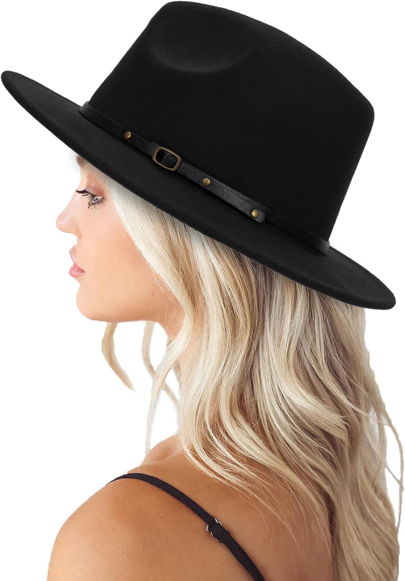 Women's Classic Felt-Panama-Hat with Belt Buckle Wide Brim Fedora-Hat