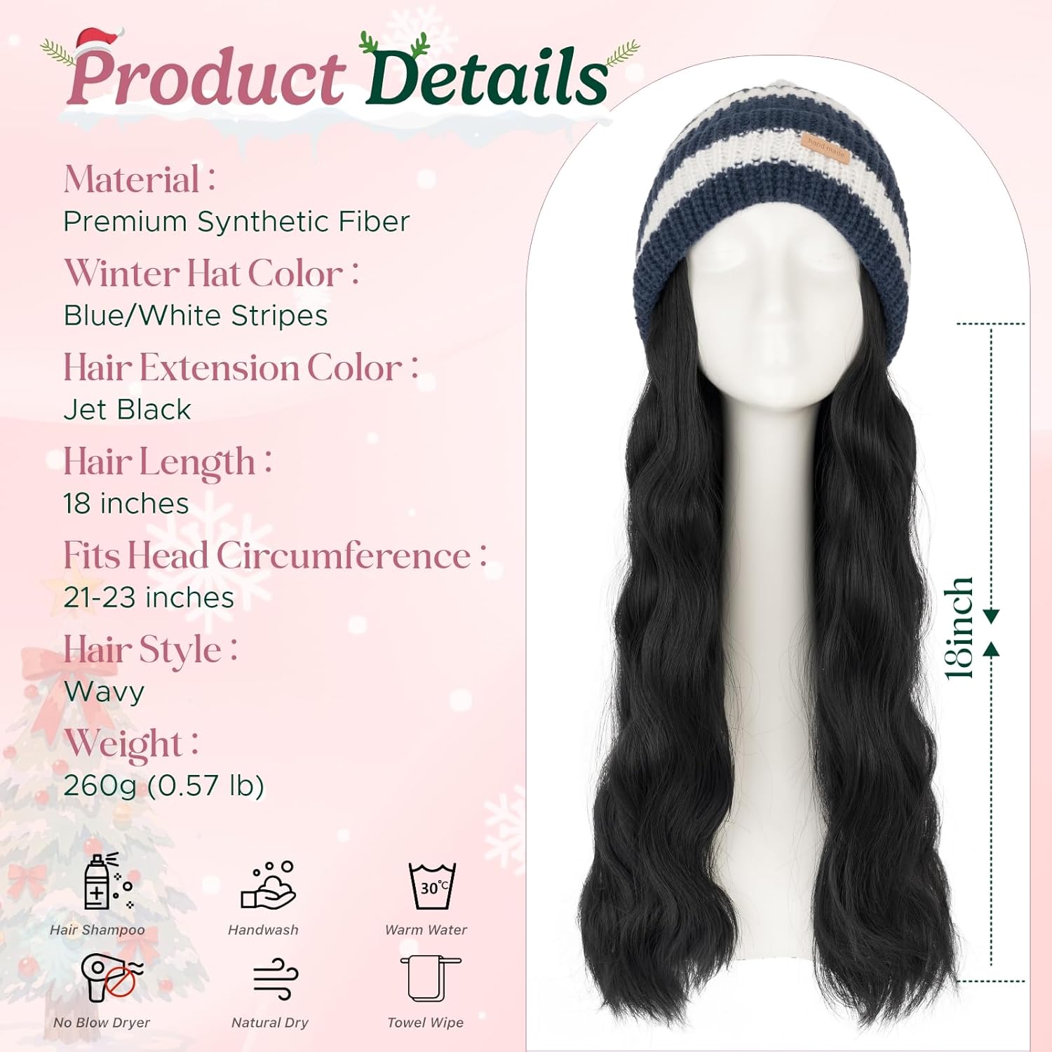 Beanie Wig with Hair, 18 Inch Synthetic Hair Extensions in Wavy Styles, Knitted Winter Hat with Attached Hairpiece for Women, Knit Hat in Blue/White Stripes, #01 Jet black