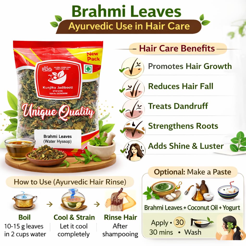 Kunjika Jadibooti Brahmi Leaves | Dried Brahmi Patta (Bacopa Monnieri) | 100% Natural & Pure Ayurvedic Herb | Cleaned & Dried Herbal Leaves - 100 gm — Amazon image 3