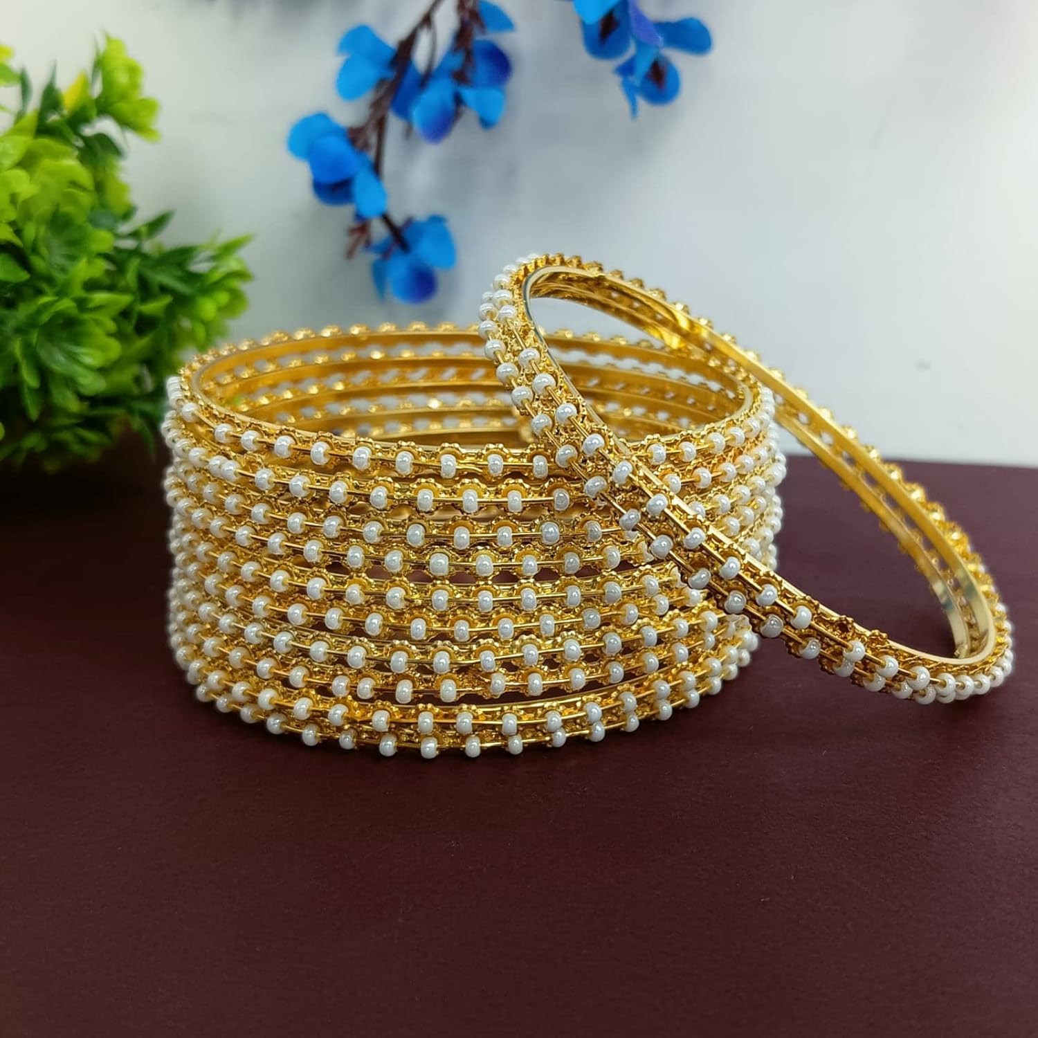 Efulgenz Indian Bangles for Women Gold Bangles Faux Pearl Traditional Bracelet Bangle Set Bollywood Jewelry for Women - Image 2