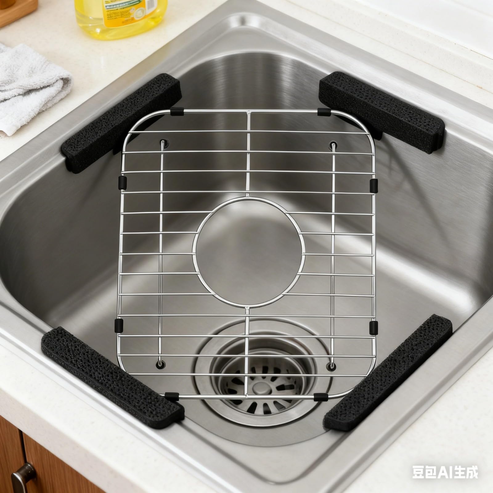 Rejilla protectora de fregadero de acero inoxidable 304, 11.8 x 13.2 in / 30 x 33,5 cm, agujero central, estante de fregadero de cocina para armario, no necesita instalación, fácil de limpiar