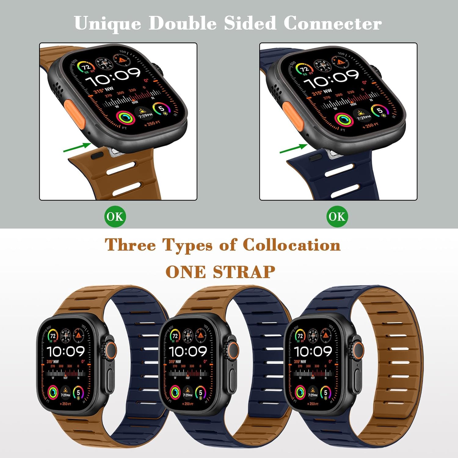 HITZEE Double Sided Reversible Magnetic Band Compatible with Apple Watch Band 49/46(S11/10)/45/44/42mm, Breathable Soft Band for iWatch Ultra 3/2/1 SE3-1 Series 11 10 9 8 7 6-1, Brown/Indigo - Image 3