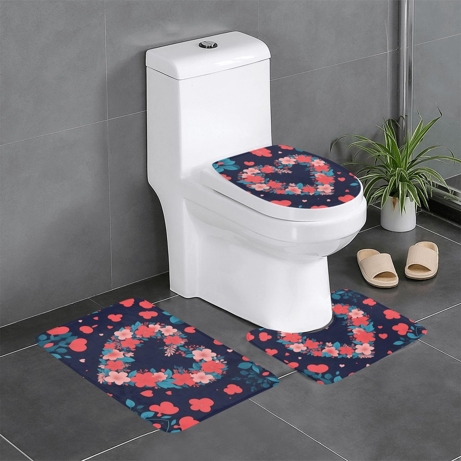 Tapis de salle de bain floral antidérapant 3 pièces forme cœur pour wc et lavabo