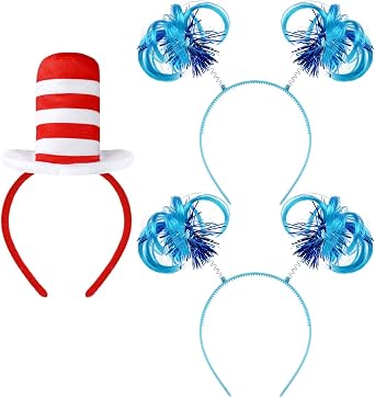 1 Pcs Hat cat Headband Red and White Striped Stovepipe Hat Headwear with 2 Pcs Blue Ponytail Headband for Book Week Cosplay Party