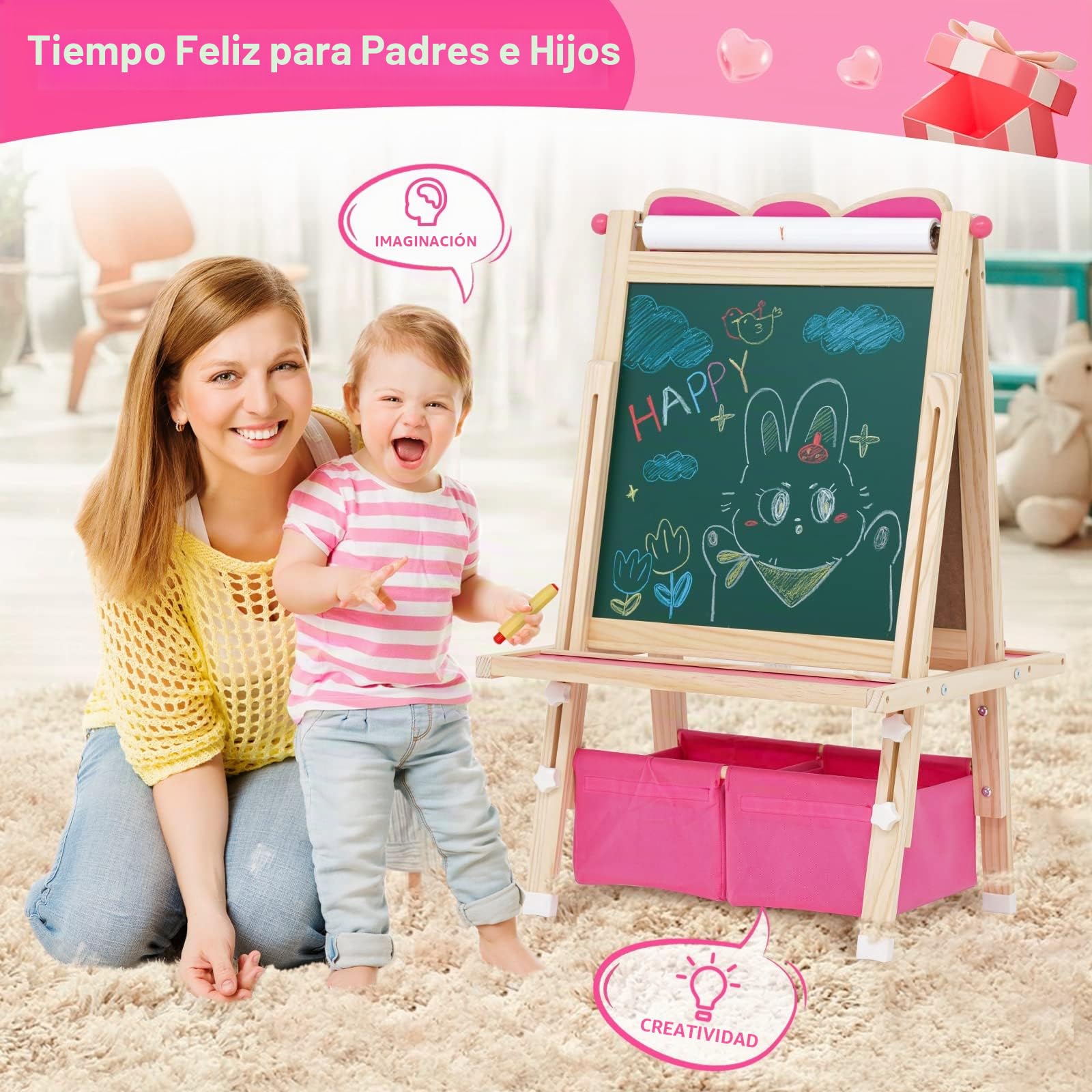 Caballete de Pintura Para niños de Madera,para Niños a Partir de 3 Años.Pizarra Infantil de Altura Regulable con Rollo de Papel,Pizarra,Pizarra Blanca,Set de Pintura y Bolsa de Almacenamiento.Rosa