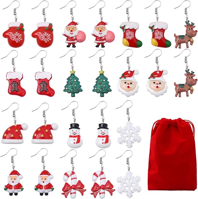 Cooraby 12 pairs Christmas Drop Dangle Earrings Women Girls Cute Christmas Drop Dangle Earrings Set with red Velvet Storage Bag for Christmas Women Christmas Gifts