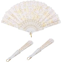 Rose Lace Floral Hand Fans Gold Retro Elegant Chinese Folding Fan White Vintage Bridal Handheld Dancing Fan Floral Folding Hand Fans Rose Retro Foldable Fan Hand Fan for Women Dancing Parties