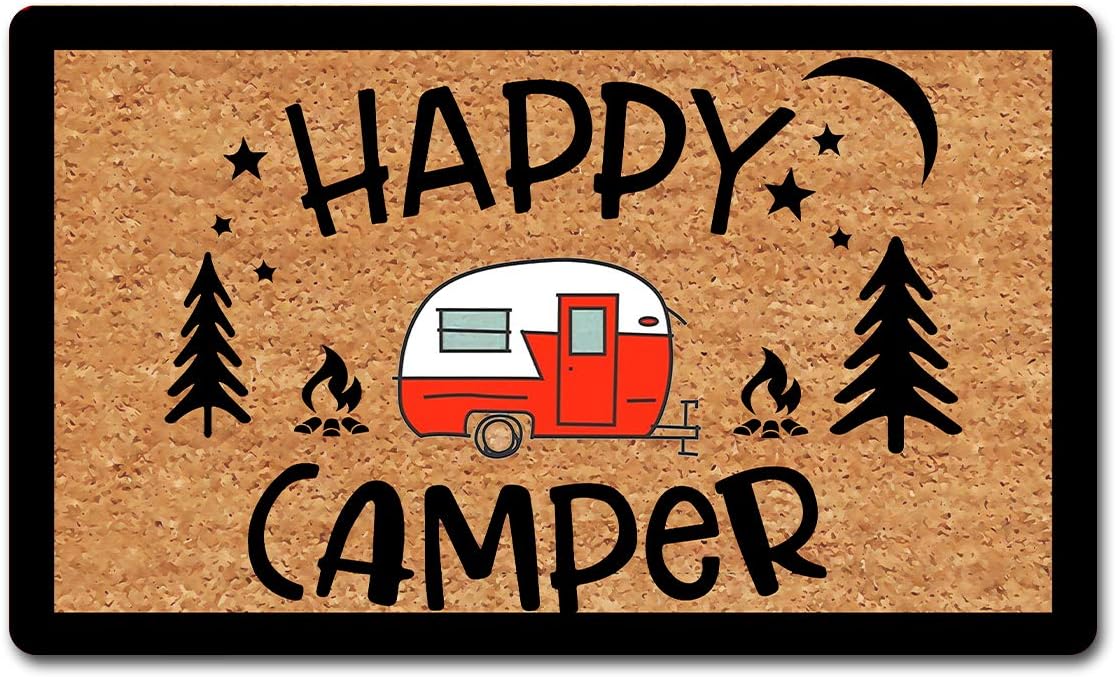 Funny Welcome Mats for Front Door Happy Camper Camper Life Doormat Front Door Mats Non-Slip Hello Mat with Funny Quote Rubber Door Mats18(W) x 30"(L)