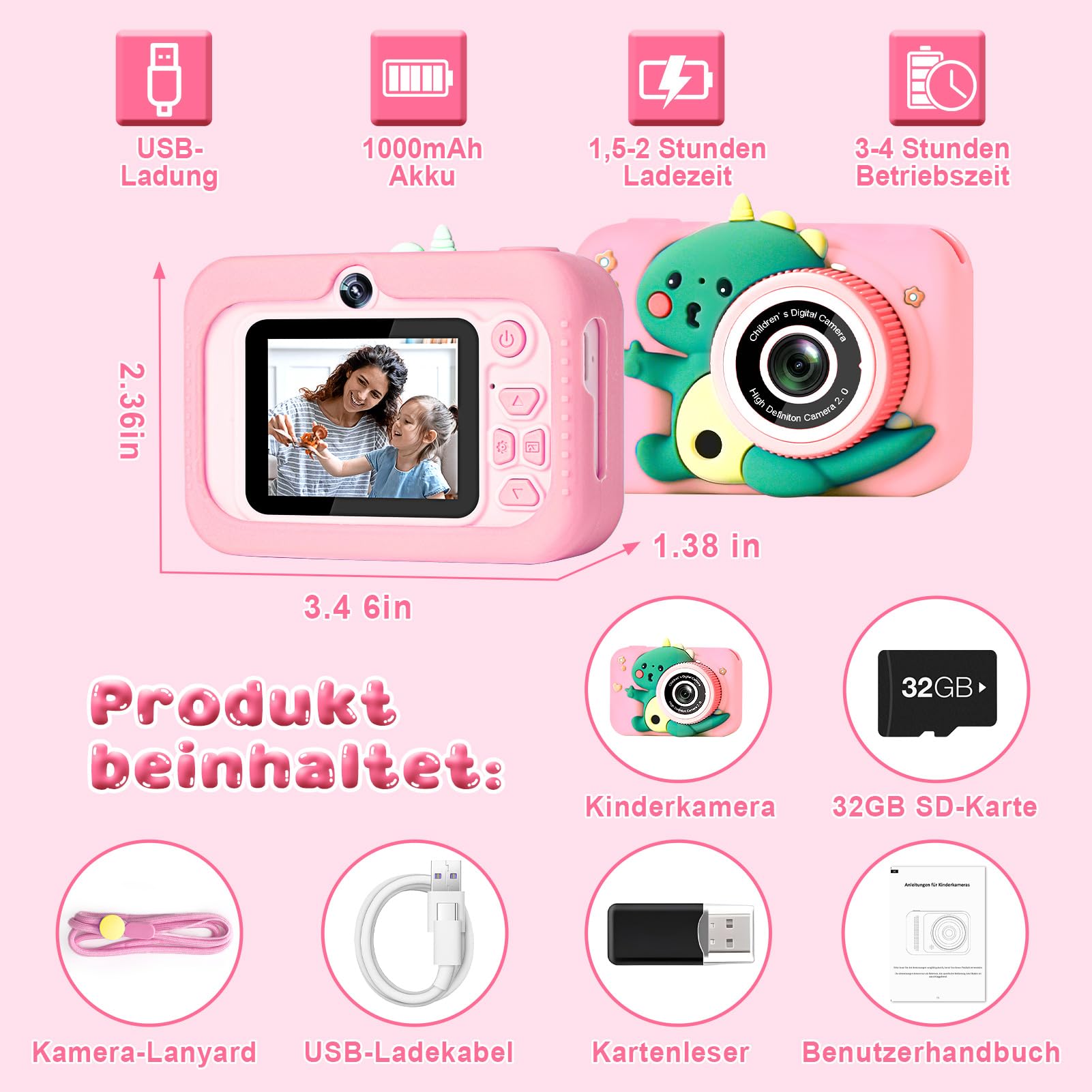 MILFECH 1080P HD 2,0-Zoll-Bildschirm Digitalkamera Kinder mit Selfie Video Kamera 32GB-Karte für 3-12 Jahre Jungen Mädchen Spielzeug Dinosaurier Fotoapparat Rosa