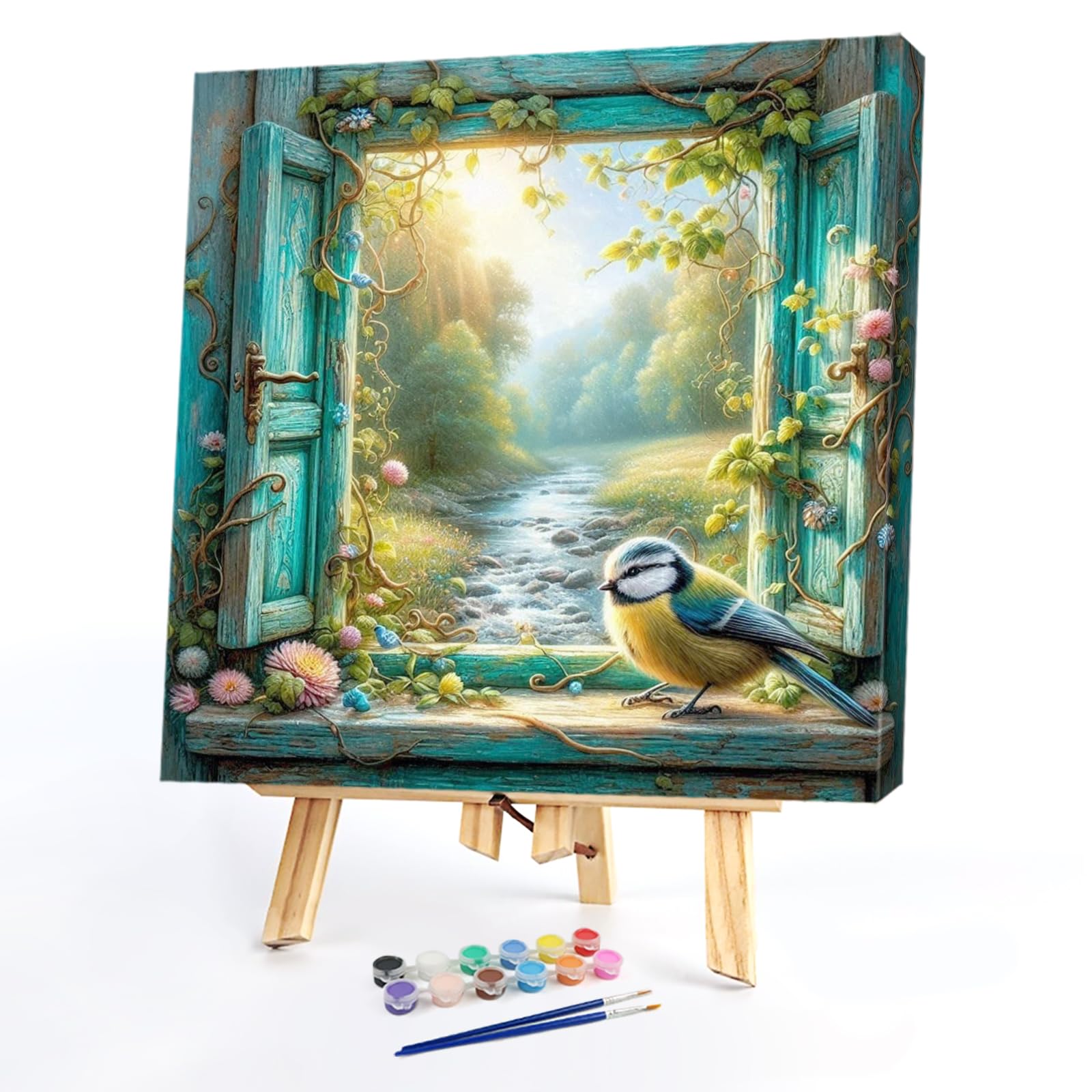 POETRYDRAW DIY Birds by the Window Paint by Numbers Oil Painting Kit 13.65x13.65inch with Frame for Beginners & Adults, Home Wall Decor (Birds by the Window)