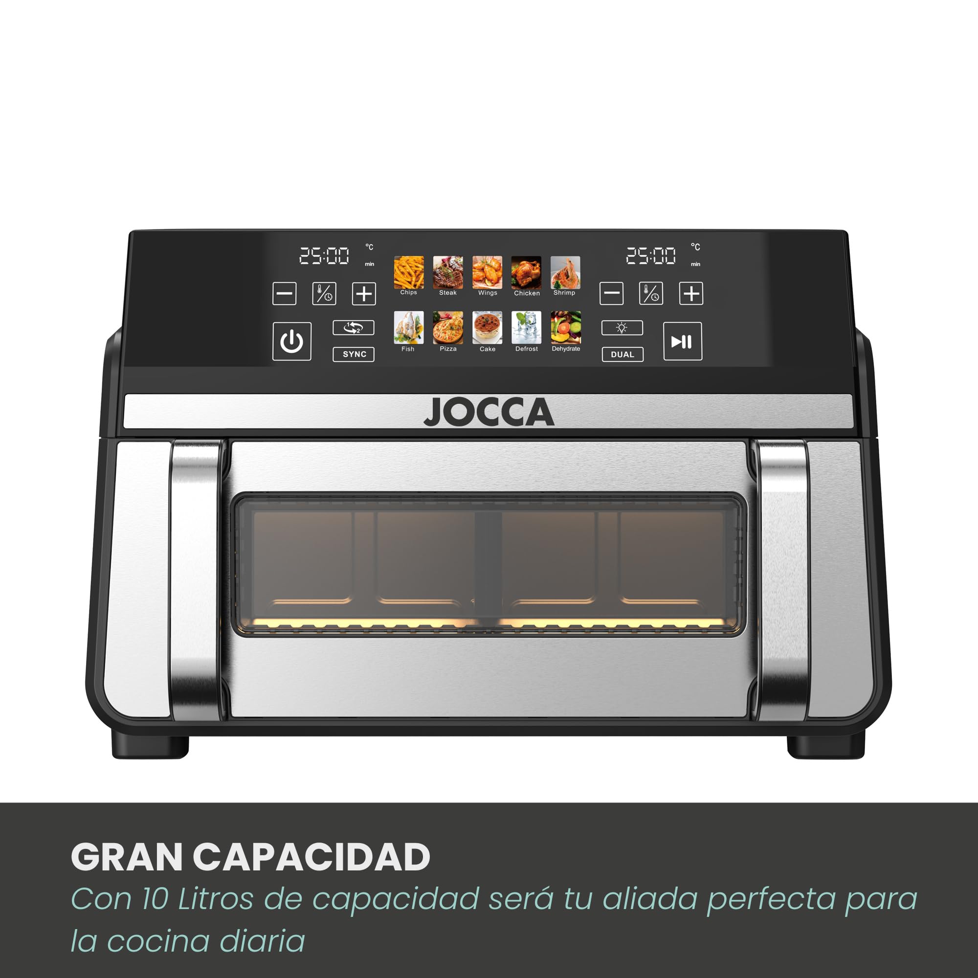 JOCCA - Freidora de Aire 10 Litros con Sistema Dual, Doble Resistencia, 2200W, 8 Programas, Función Sync, Temperatura de 80º a 200º, Temporizador, Ventana, Pantalla Táctil