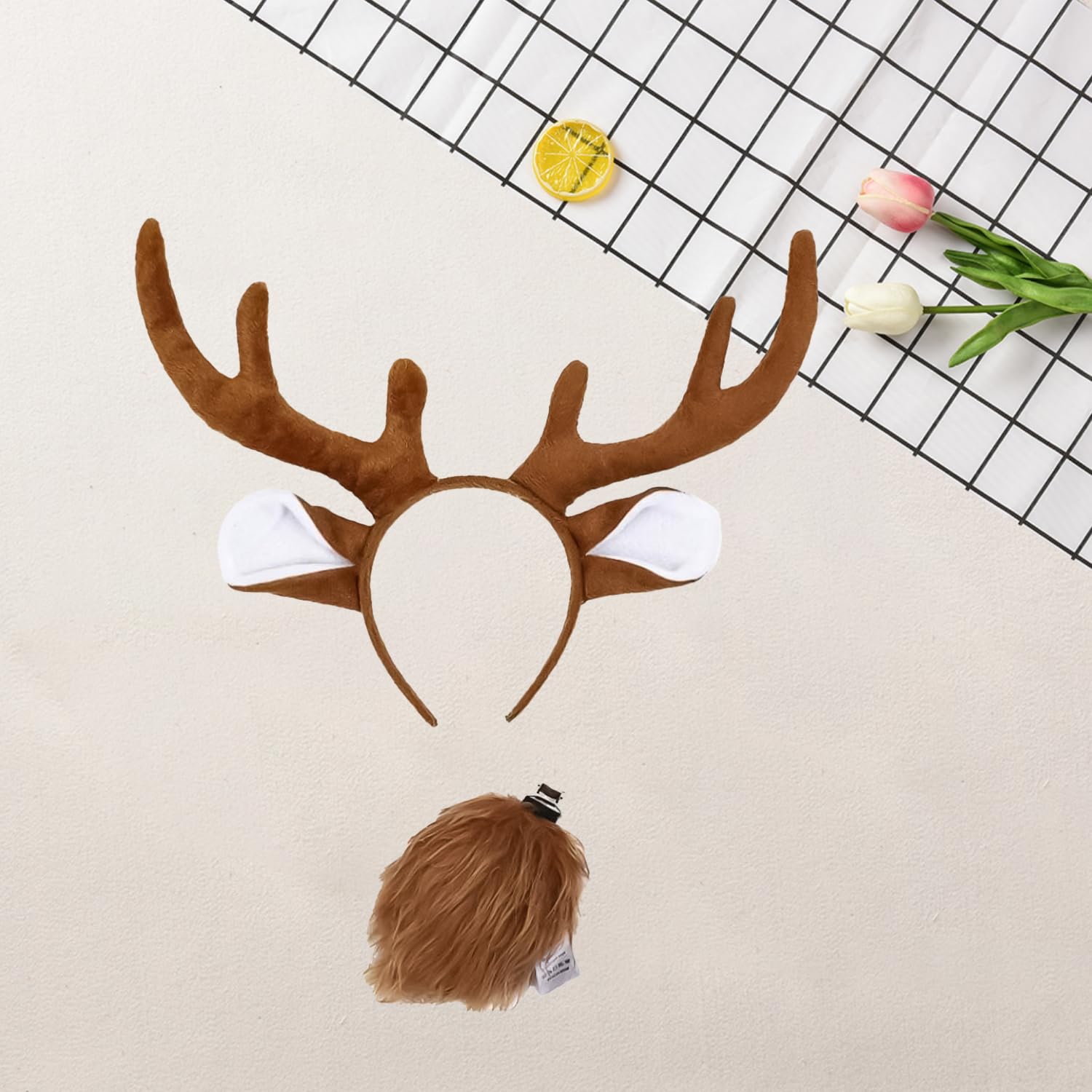 JNAWA 2Pieces Reindeer Cosplay Costume Set Reindeer Antlers Headband Tail Cute Animal Fancy Dress Accessory for Festive Holiday Party Supplies - Image 3