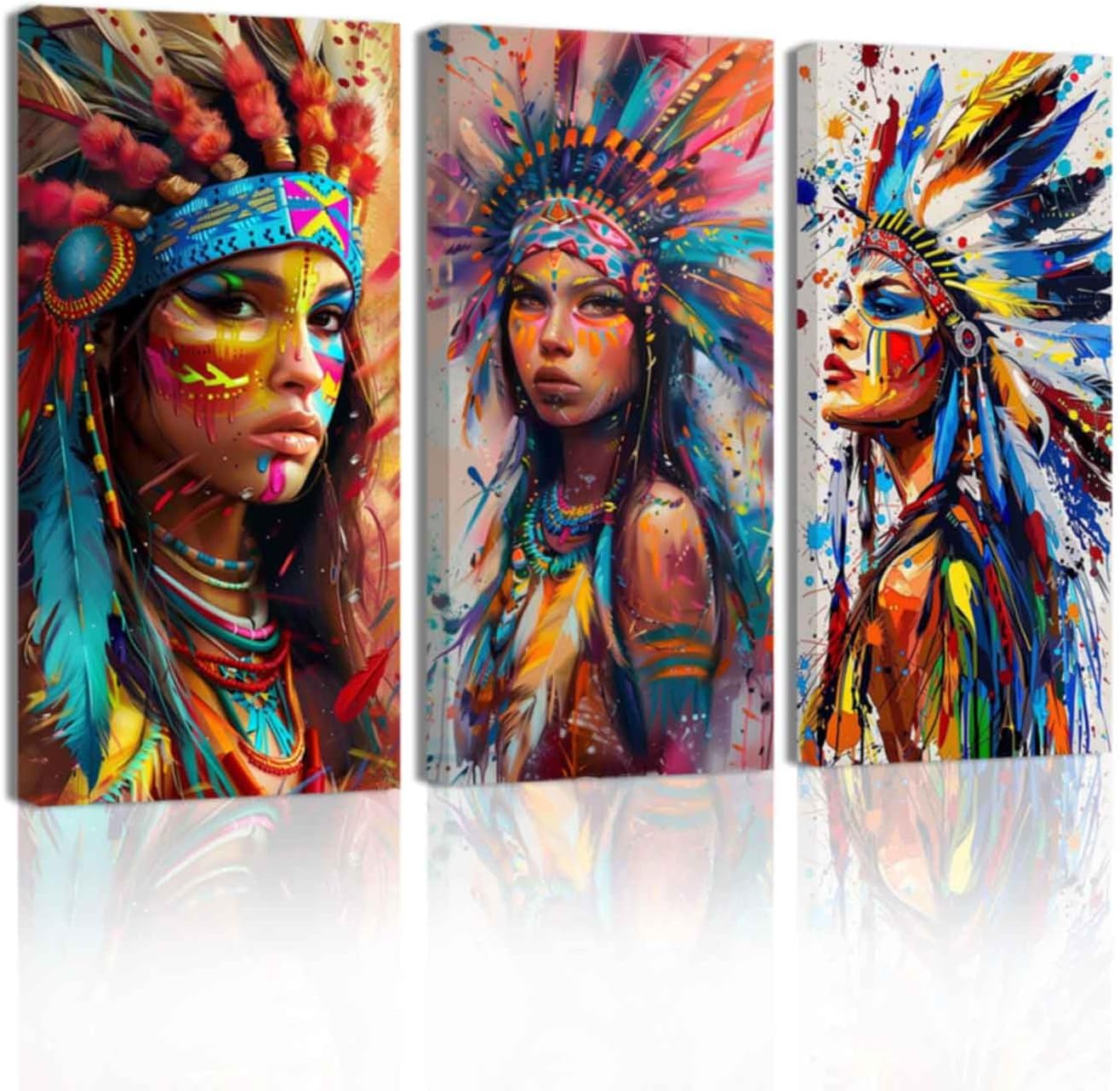 SWQYLB Native American Wall Art Decor 3 Pieces Indian Woman Feathered Headdress Picture Prints Abstract Colorful Indian Girl Painting Southwest Decor Framed (Black, 8.00" x 16.00" x 3PCS)