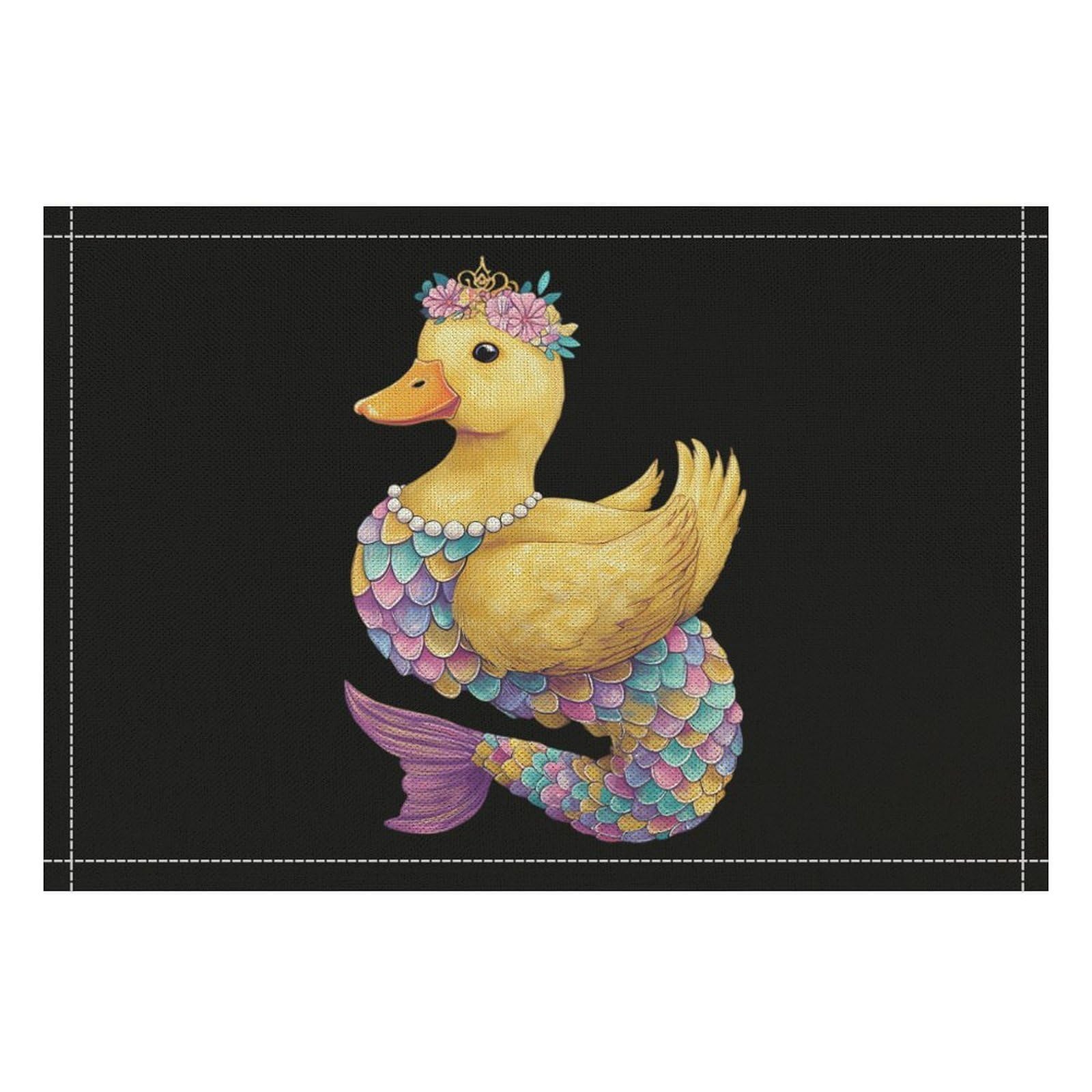 Duck with Mermaid Tail Funny Linen Placemats Heat Resistant Table Mats for Dining Kitchen 18 X 12 Inch