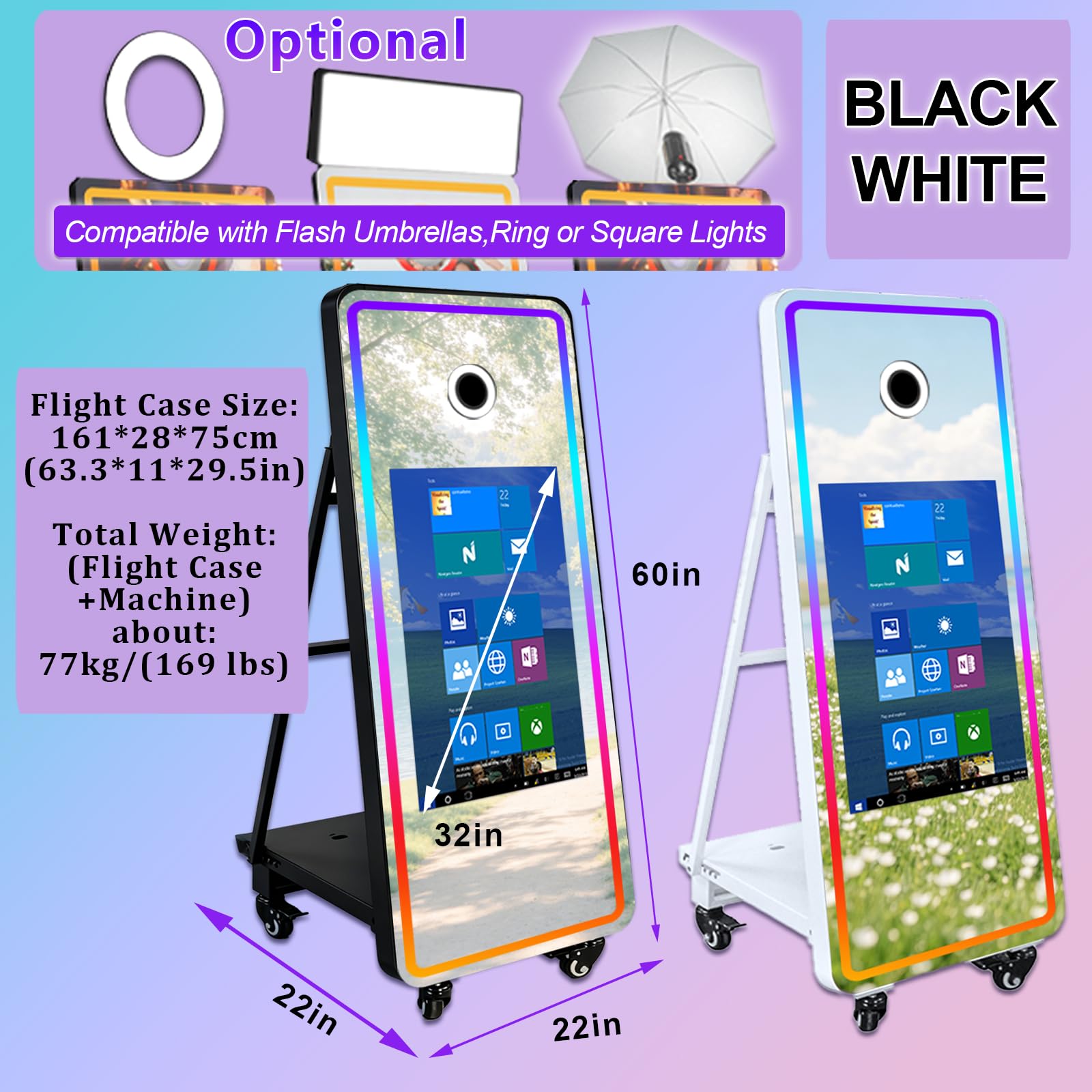 Magiczne lustrzane urządzenie do fotobudki z ekranem dotykowym 82 cm, parasol, światło wypełniające RGB, walizka lotnicza, z natychmiastowym drukowaniem i udostępnianiem na imprezy imprezowe (czarny