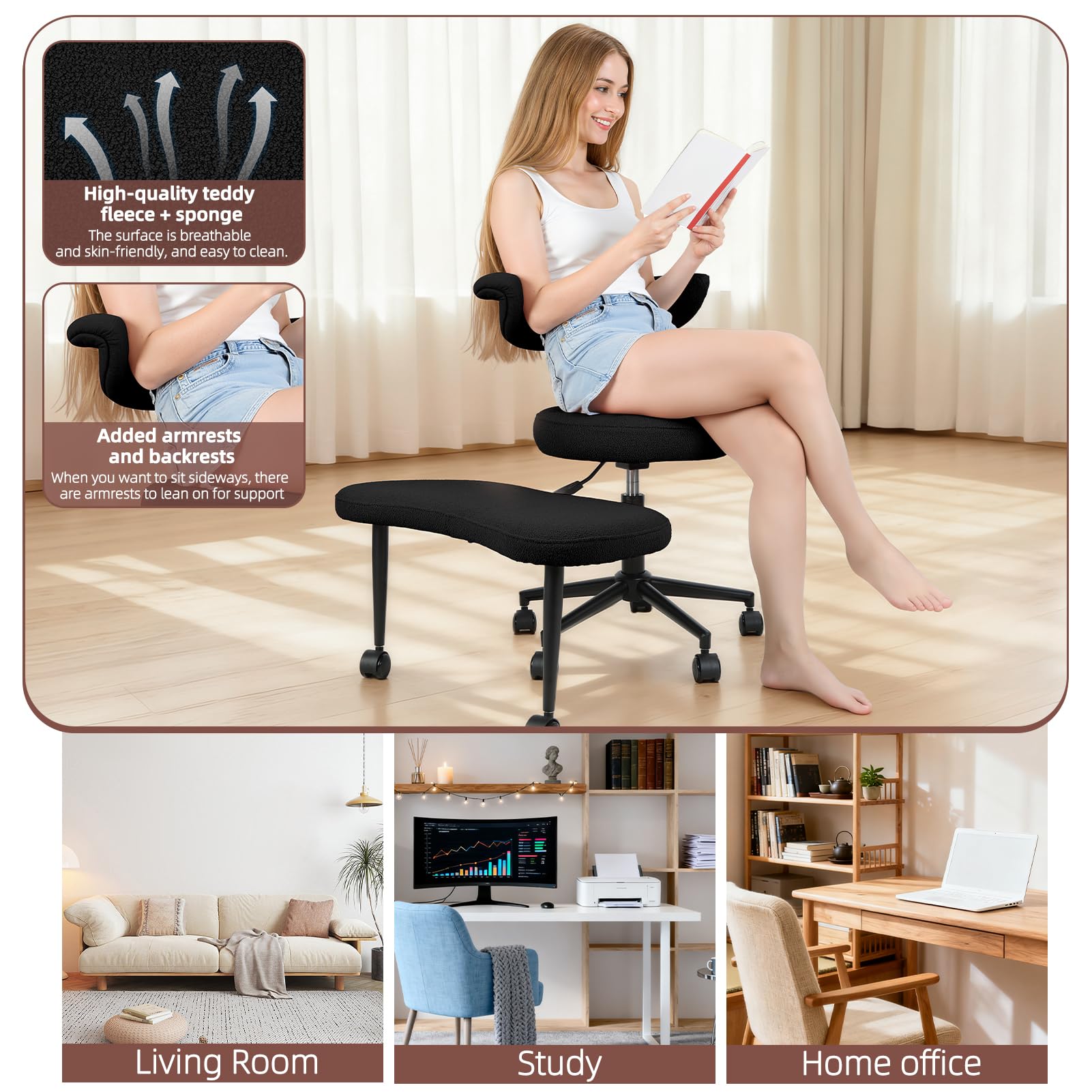Meditationsstuhl mit Kreuzsitz-Design, fahrbarer Bürostuhl für Erwachsene mit ADHS, höhenverstellbare Lordosenstütze, Schwarz-C