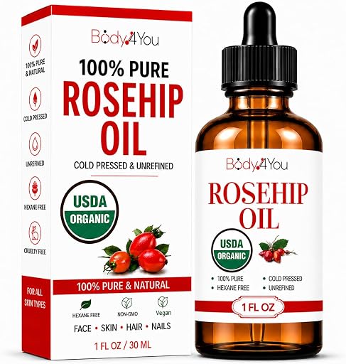 BodyJ4You Rosehip Oil for Face - 100% Pure Natural USDA Organic Cold Pressed - Hydrating Skin Hair Nails Anti-Aging Wrinkle Scar Treatment Gua Sha - Non-GMO Undiluted Carrier - Glass Bottle 1 Fl Oz