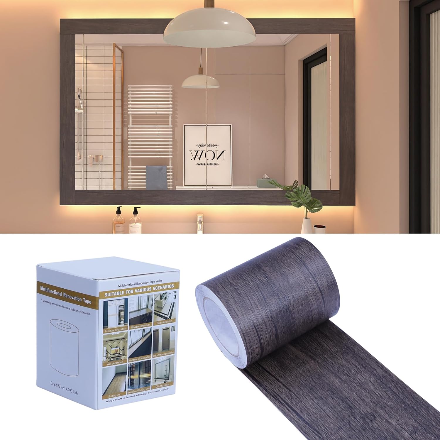 10M Wood Grain Removable PVC Waterproof Border Wallpaper Decor Self Adhesive Peel and Stick Door Frame Mirror Bathroom Tiles Sticker Grain Trim Carbonized Oak 3.93 inch x 393 inch