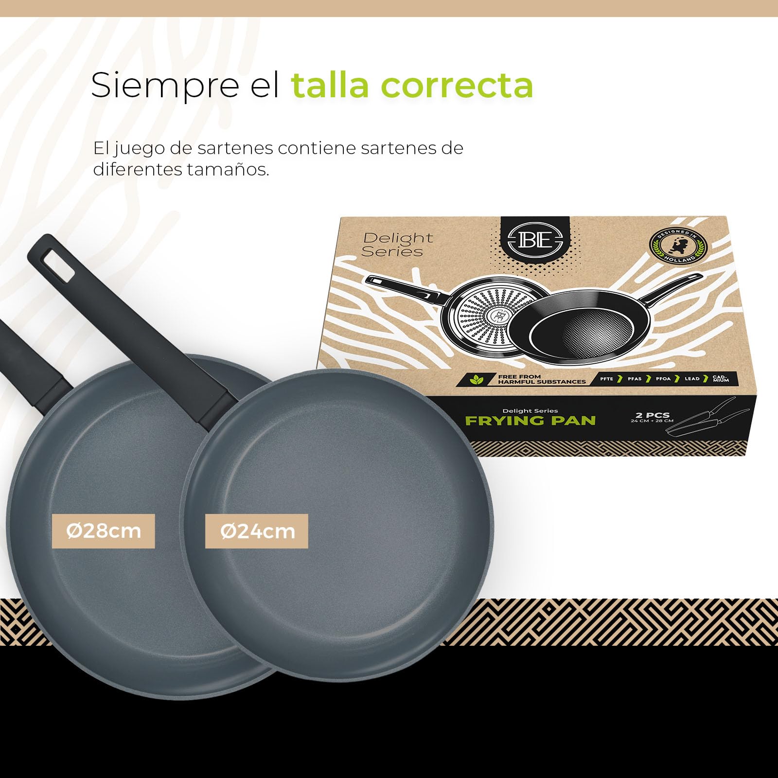 BE Living Delight Juego de sartenes 2 piezas – Sartenes de 24 y 28 cm – Revestimiento antiadherente cerámico – Apto para inducción – Sin PTFE ni PFOA – Negro