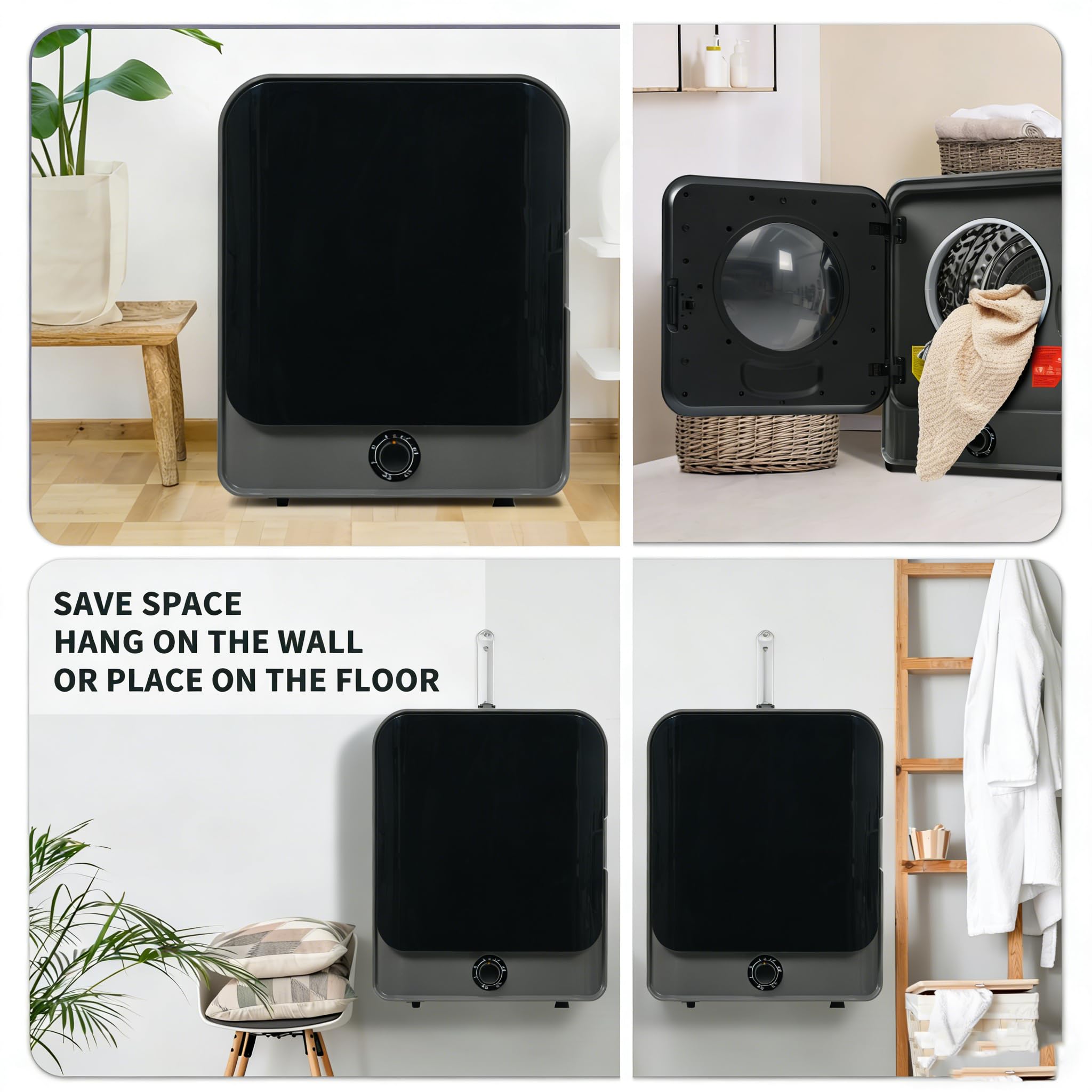 Sèche-linge à Évacuation Mural Compact 3-4,5 kg 4 Programmes Air Froid Installation Murale Noir