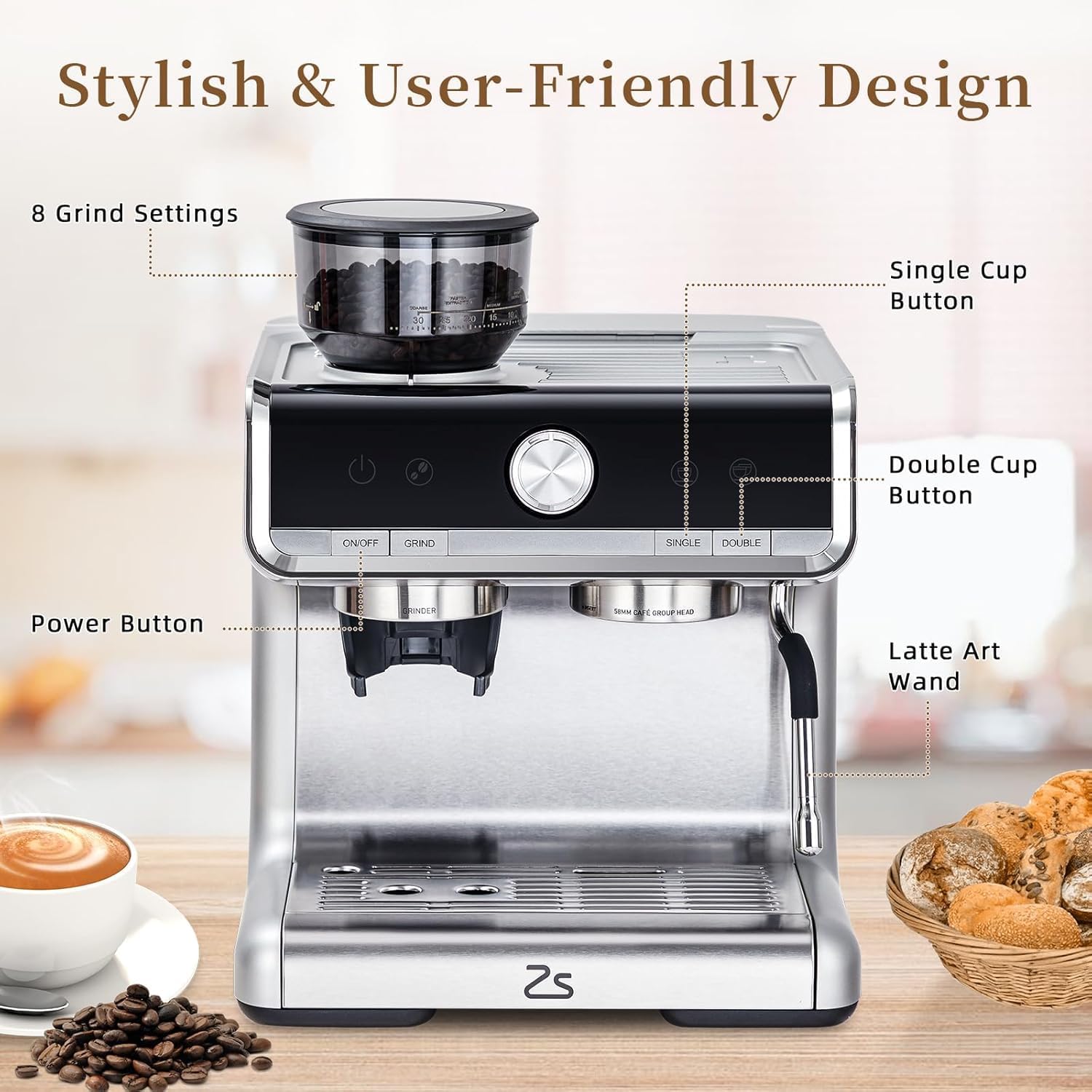 Espresso Machines with grinder, 20 Bar Professional Espresso Maker with Milk Frother & 95 oz Removable Water Tank for Latte and Cappuccino, Espresso Coffee Maker for Home, Stainless Steel