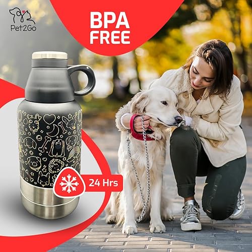 Miniatura 3 de Botella de agua de viaje para perros de 32 onzas con soporte para golosinas y cuencos desmontables  Dispensador de agua aislado y portátil de acero