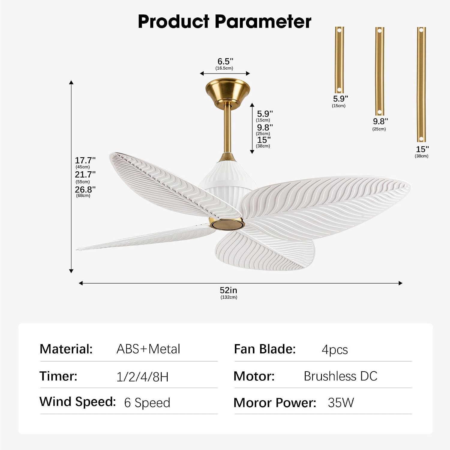 52" Tropical Ceiling Fans, Flush Mount Palm Leaf Ceiling Fan no Light, Indoor Ceiling Fans Without Light for Living Room Bedroom Kitchen Covered Gazebo, APP and Remote Control-White Gold