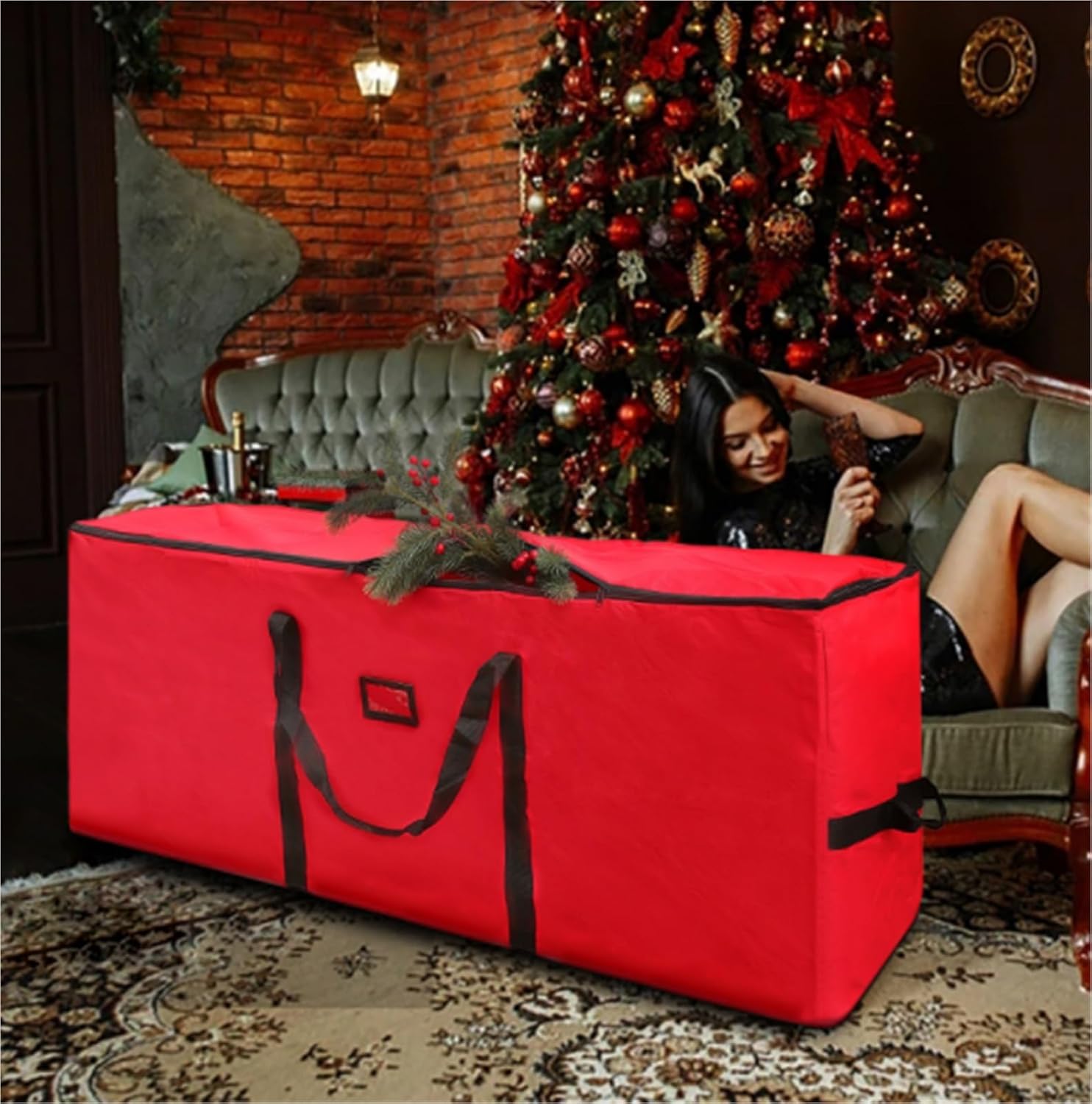 Tree Bag Christmas Tree Storage Bag Oxford Fabric with Handles Double Zipper Wide Opening Tote Christmas Storage(Red,165cm)