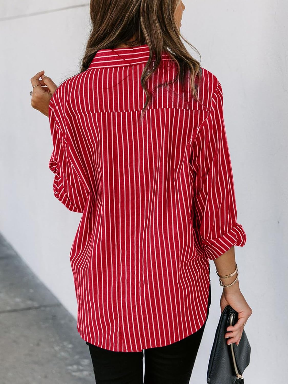 siliteelon Womens Button Down Shirts Cotton Striped Dress Shirt Long Sleeve Collared Office Work Blouses Tops - Image 2