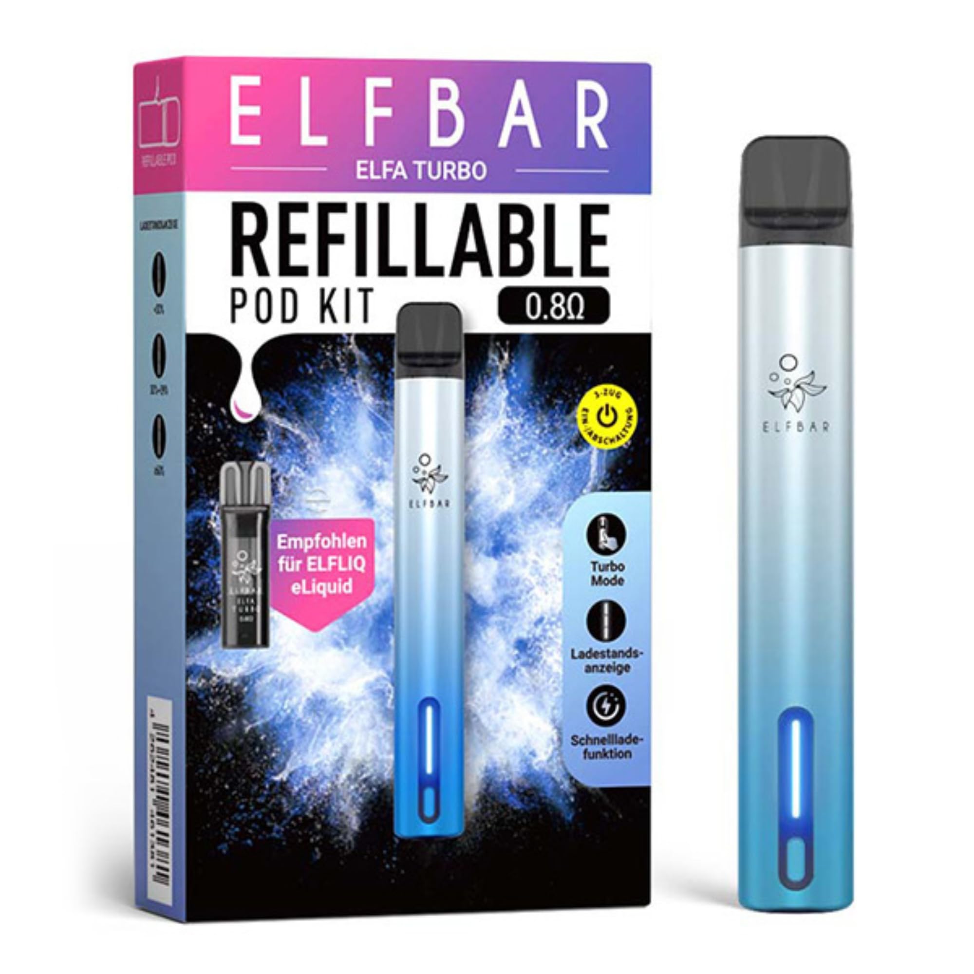 elfbar akkuträger turbo Elfa Pod Kit, Pod 550 mAh, 0.8 Ω nachfüllbarer Pod USB-C Schnellladung, MTL, 2 Leistungsmodi Ratio:50PG/50VG elfbar mit display Geschmack:Strawberry Kiwi Elf Bar - Elfa