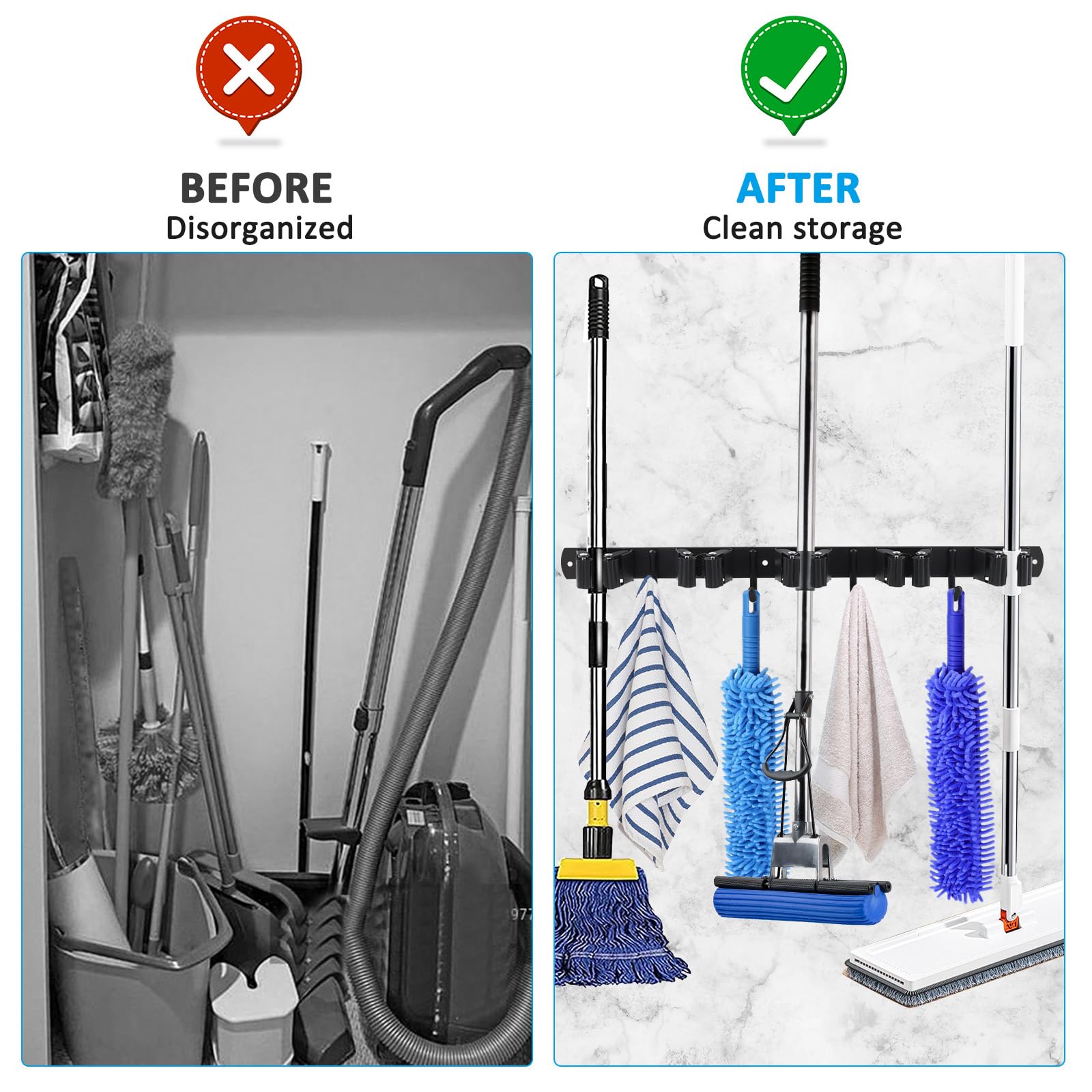 Porta Scope Parete, 5 Supporti e 4 Ganci Appendi Scope a Muro Acciaio Inossidabile per Bagno, Cucina, Garage, per Attrezzi da Giardino Nero 2 Pezzi