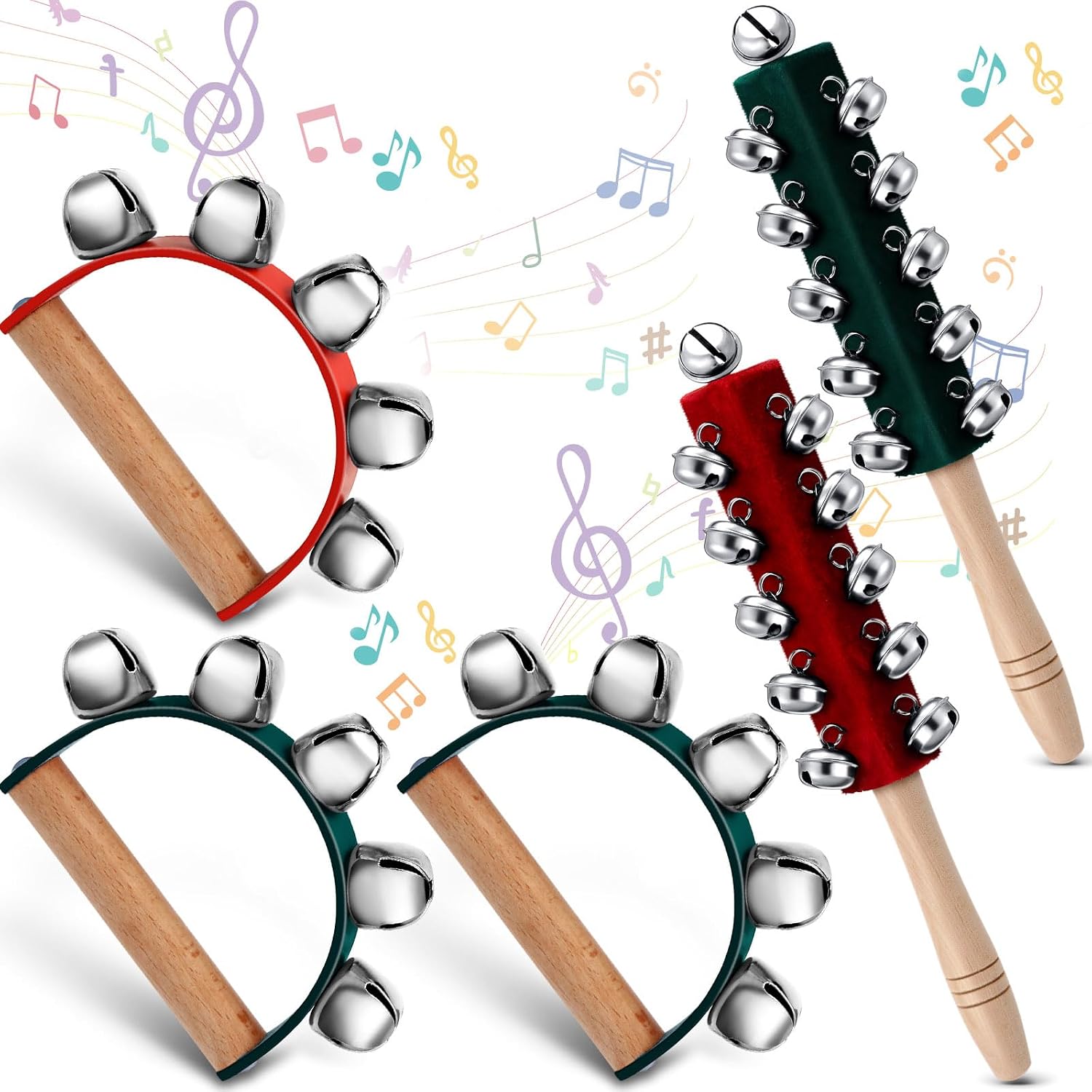 WILLBOND 5 Pcs Christmas Jingle Bells Wooden Handle Shakers, Red Green | Sleigh Bell Instruments Wood Grip, Hand Rhythm Shakers Party Celebration, Holiday Percussion and Sound Makers Festive Decor
