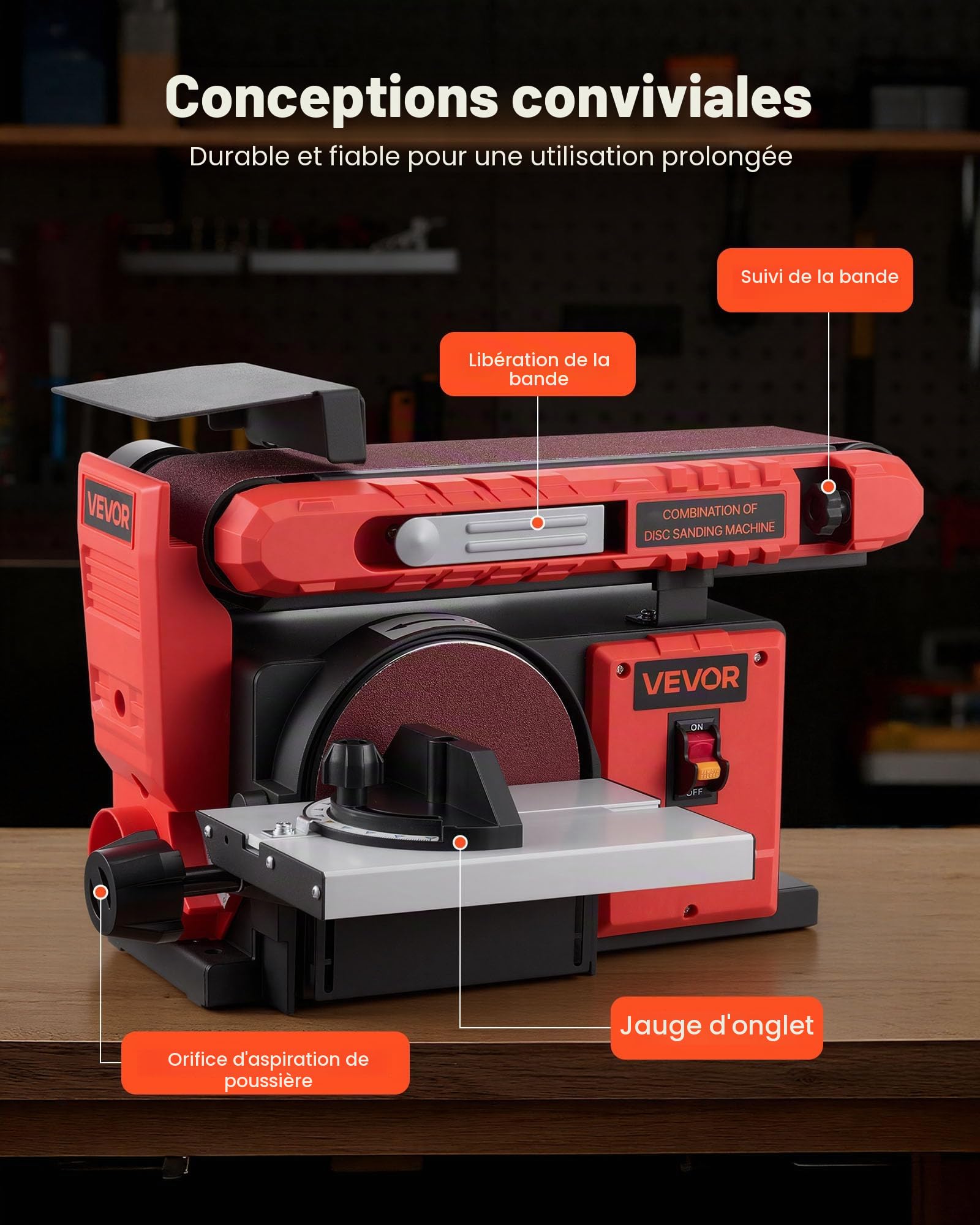 VEVOR Ponceuse à Bande et à Disque 400 W Bande Abrasive Réglable 101,6 x 914,4 mm Disque de Ponçage 152,4 mm Table de Travail Réglable 0-45° avec Port de Poussières pour Travail du Bois et Bricolage