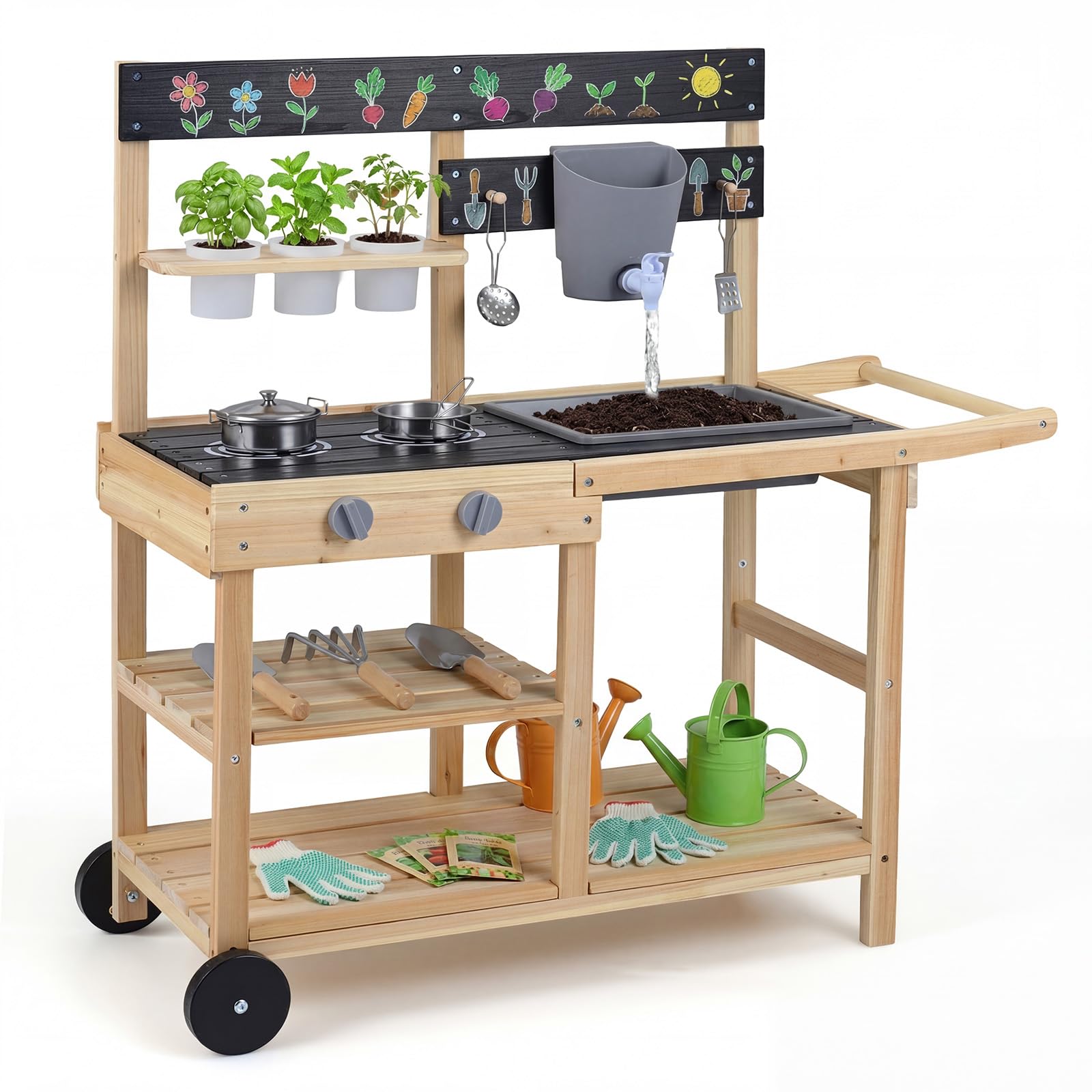 COSTWAY Cucina Giocattolo per Giardino, Cucina da Esterno per Bambini | con Pentola, Padella, Utensili da Cucina, Vasi da Fiori, Lavandino, Serbatoio e Lavagna, per Bambini 3+ Anni, 91 x 37 x 91 cm