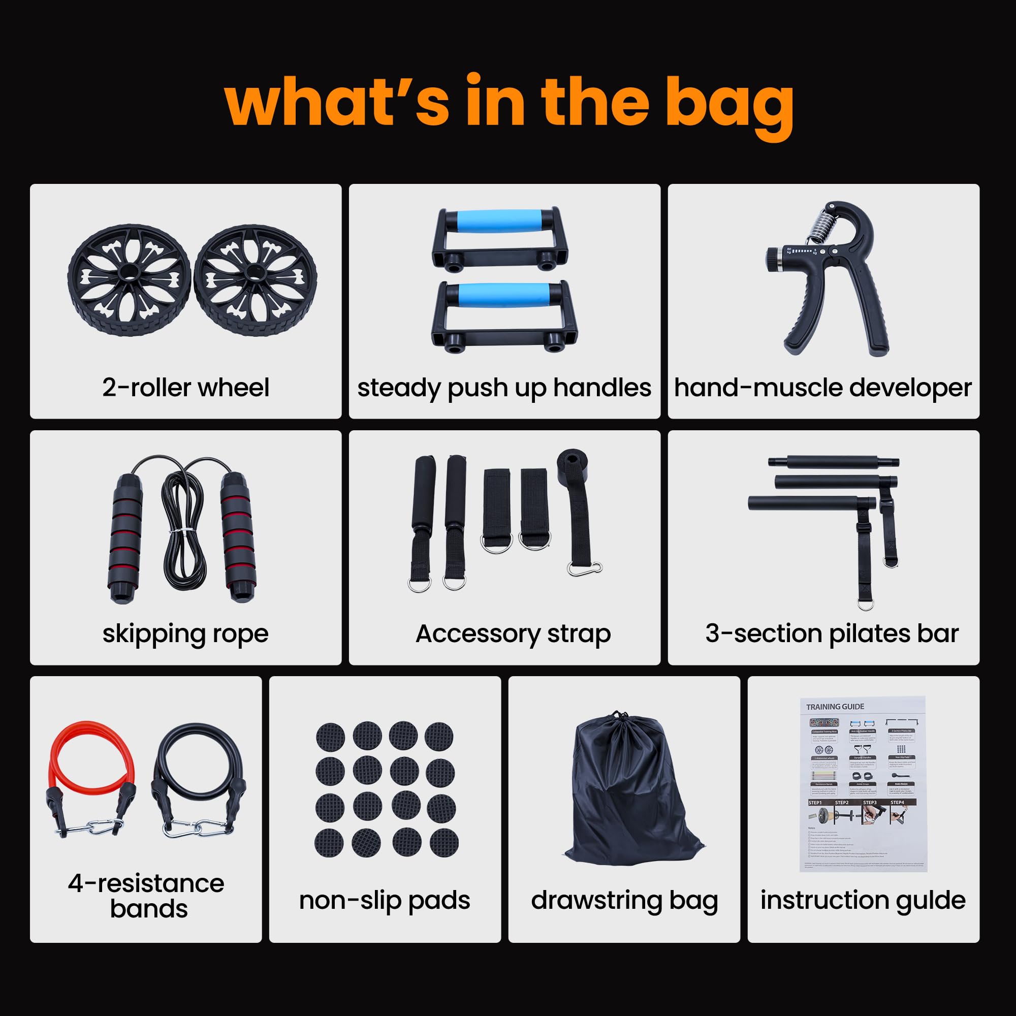 Push-up board, home gym, portable fitness equipment, Pilates bar, and 20 fitness accessories, including resistance bands and an ab wheel, for full-body workouts at home