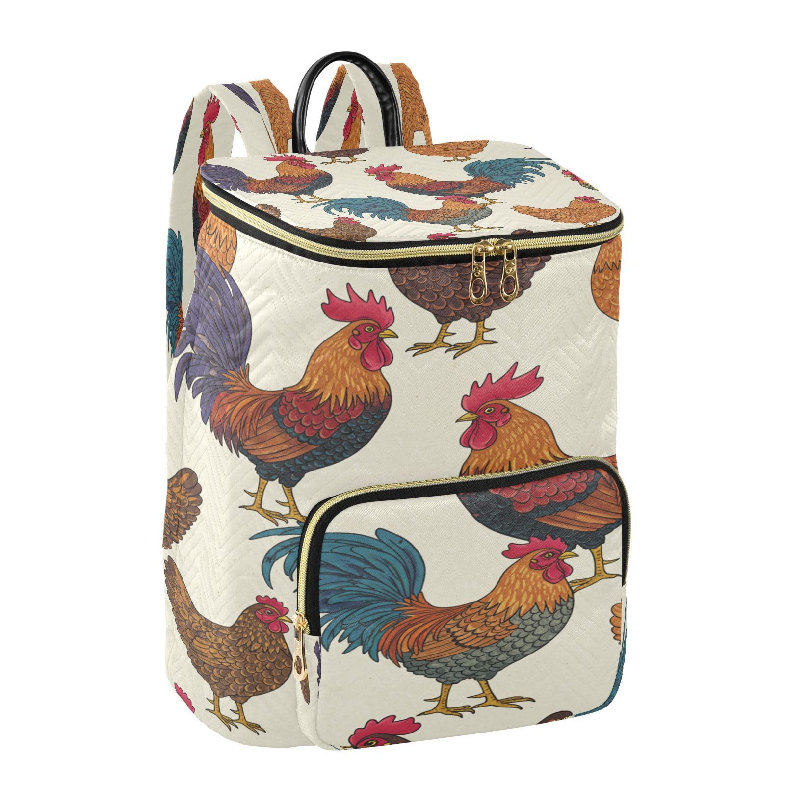 Mnsruu Gesteppter Rucksack für Damen, Hahn Huhn, Reise-Laptop-Tasche mit Gepäckgurt und versteckten Taschen, leicht, lässig, Arbeit, College, Tagesrucksack (29 × 17 × 36 cm)