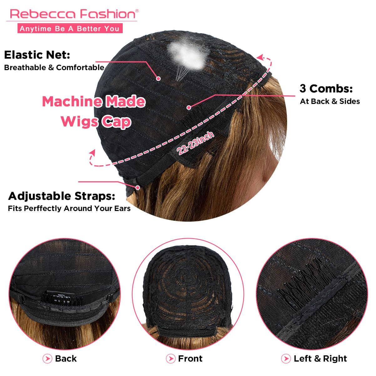 Rebecca Fashion 20 Inch Highlight BlondeStraight Wigs with Bangs Human Hair Wigs for Black Women None Lace Front Wigs 10A Brazilian Virgin Hair Glueless Machine Made Wig - Image 4