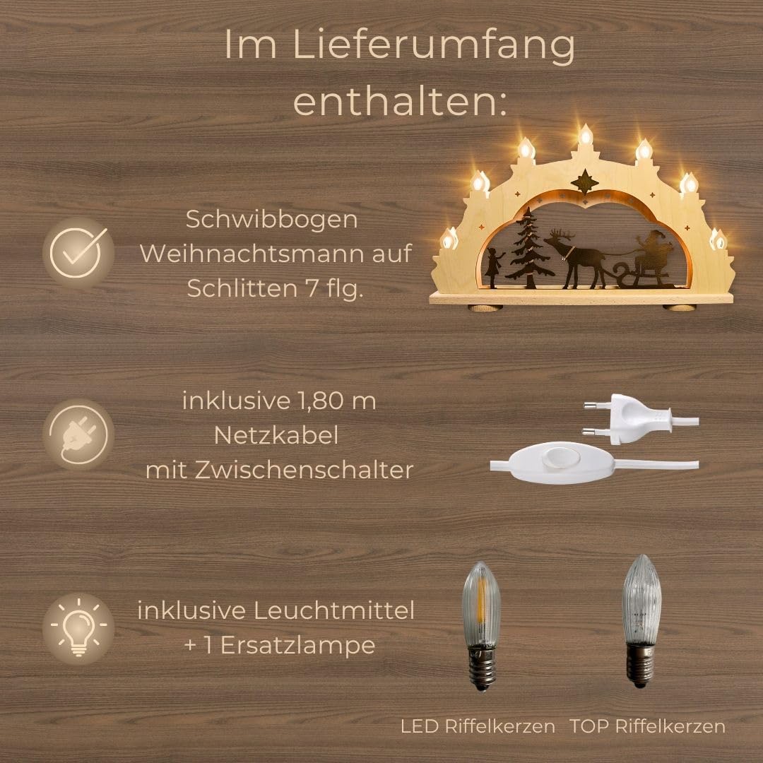 weigla - Schwibbogen original Erzgebirge I LED Lichterbogen Weihnachten I Motiv Weihnachtsmann auf Schlitten Rustikal I 7 Lampenkerzen + 1 Ersatzlampe I 7 x 34 V, 0,2 W, E10 I Weihnachtsdeko