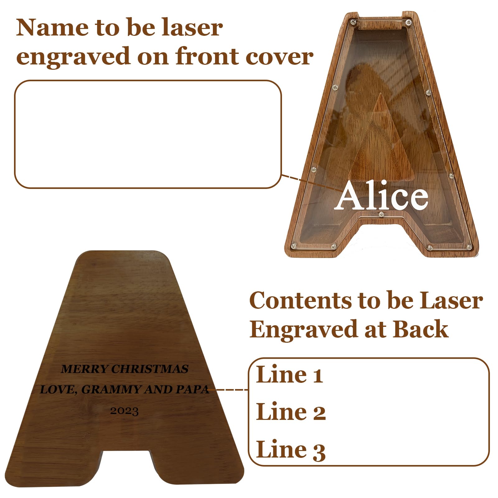 Amazon.co.jp: Ladenk パーソナライズ大型木製子供用レター貯金箱 - カスタム刻印ネームコインバンク - 貯金箱フレームギフト  男の子 女の子 - ブラウン モダン 9インチ : おもちゃ