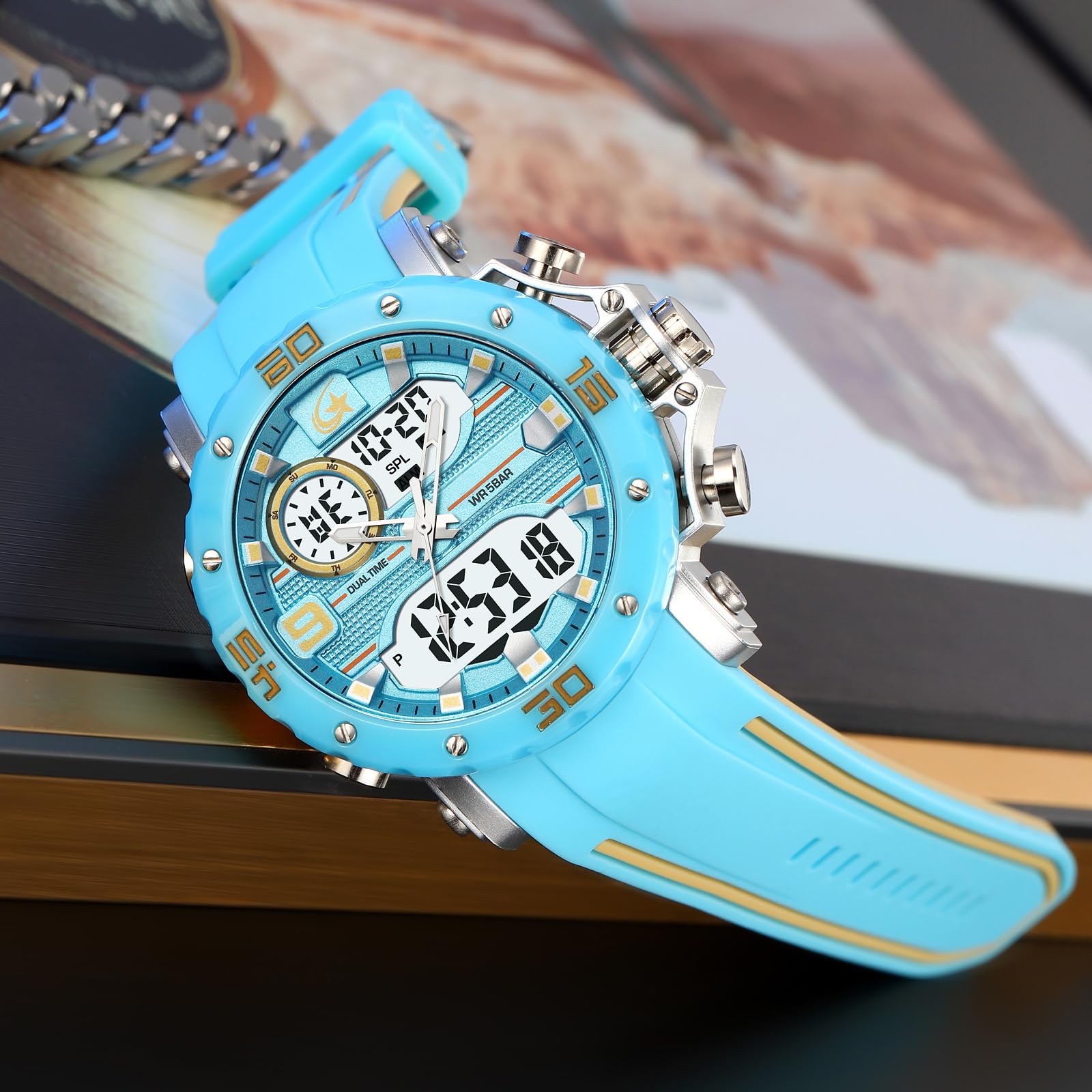 findtime Orologio da uomo digitale analogico sportivo, quadrante unico, sveglia, cronometro, conto alla rovescia, tattico, da uomo, orologio da corsa in silicone