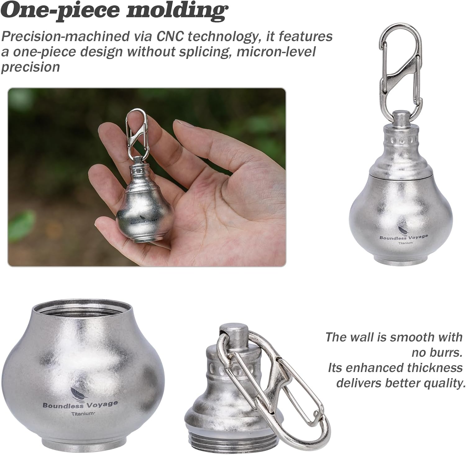 iBasingo Titanium Mini Pill Bottle Keychain Ultralight Waterproof Portable Medicine & Vitamin Storage Case for Outdoor Travel Emergency Metal Gourd Design (32.5g) Ti9006O (Silver)