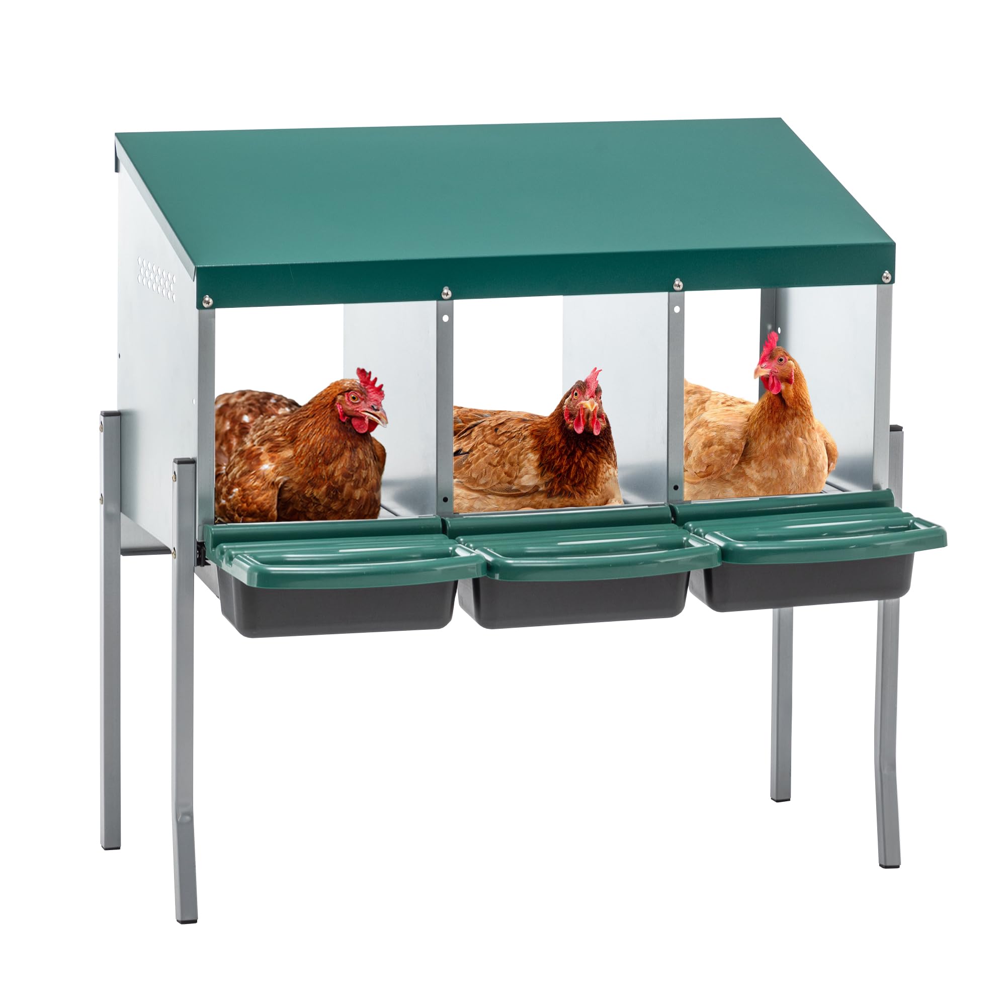 Legenester für Hühner, 3 Abteile, Abrollnest aus Robustem Metall mit Fangschale & Lüftungsschlitzen, Geflügelnest für Hennen, Enten, zur Wandmontage, Grün